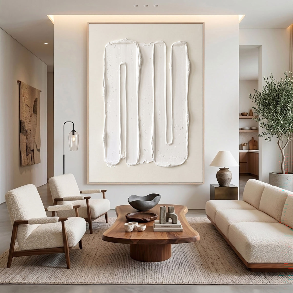 Large Modern Vertical Abstract Texture Wall Art Ivory White 3D Relief Oil Painting Minimalist Sculptural Contemporary Living Room Decor
