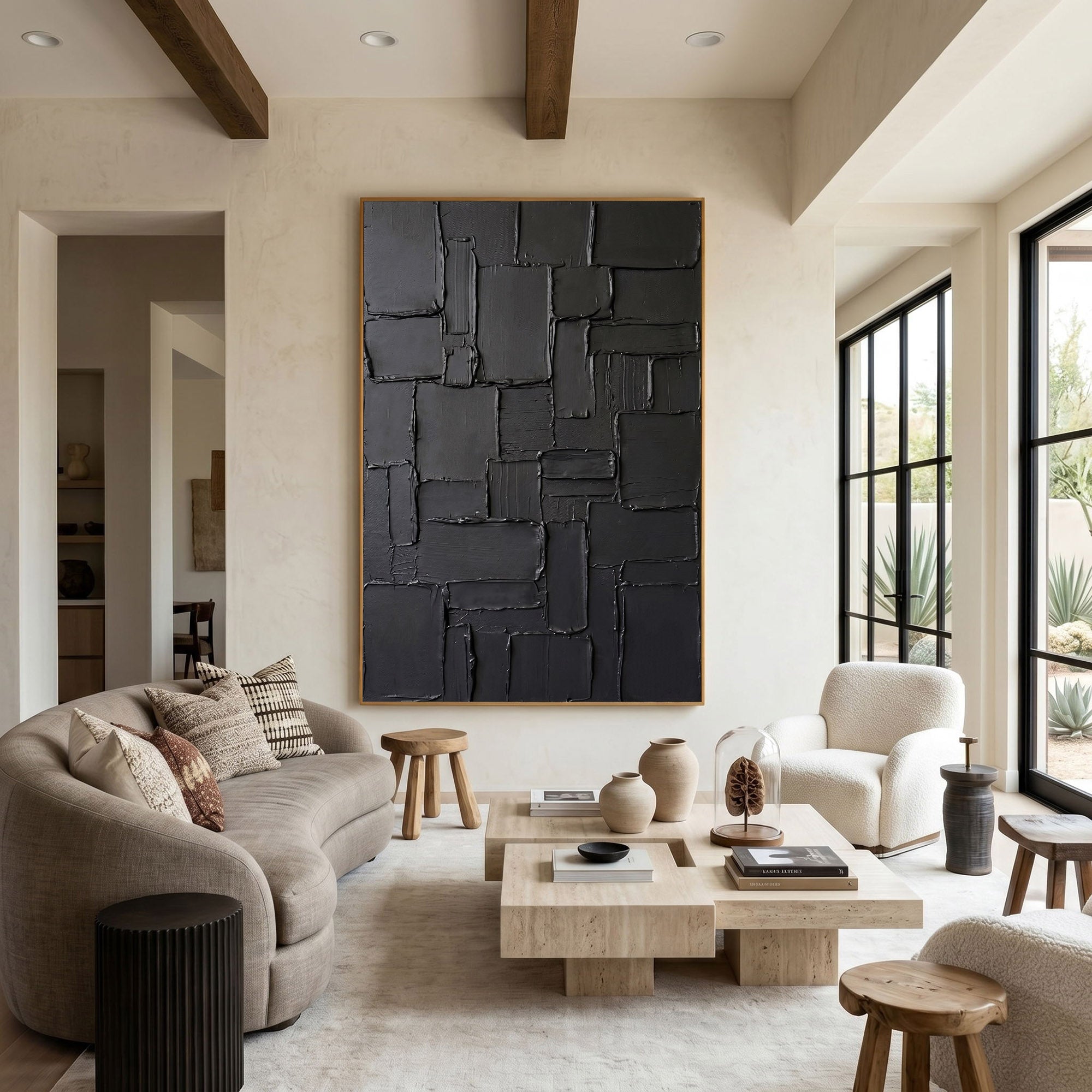 Large Black Abstract Wall Art Geometric Textured Oil Painting Modern Impasto Contemporary Interior Decor