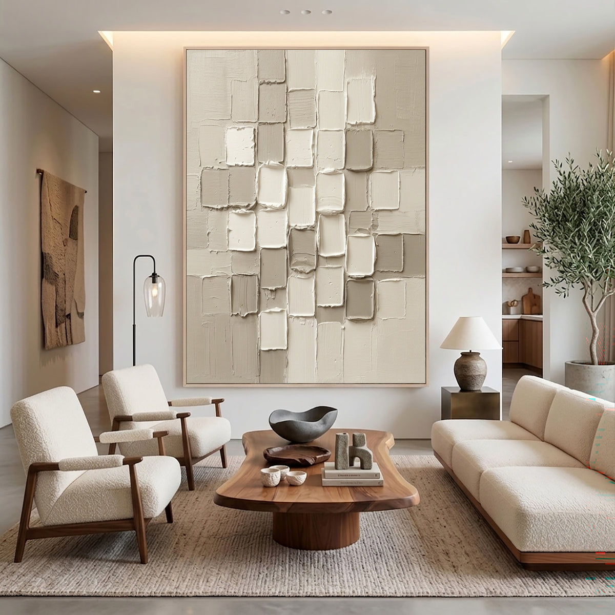 Large Organic Geometric Neutral Texture Wall Art Ivory Beige Abstract Relief Oil Painting Minimalist Sculptural Modern Home Decor