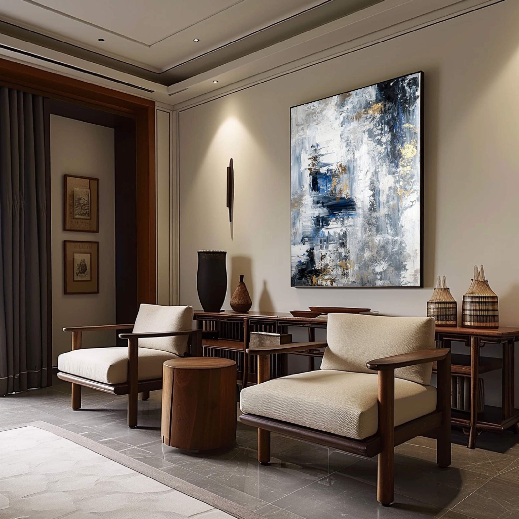 Large Modern Abstract Wall Art Blue and Metallic Painting #AP 062