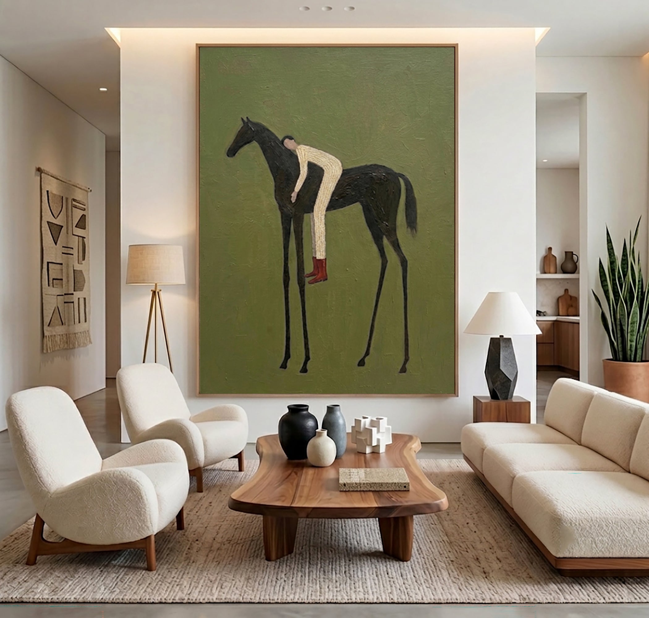 Large Minimal Equestrian Wall Art Horse Rider Oil Painting Cowboy Cowgirl Inspired Vintage Americana Western Artwork Modern Interior Decor