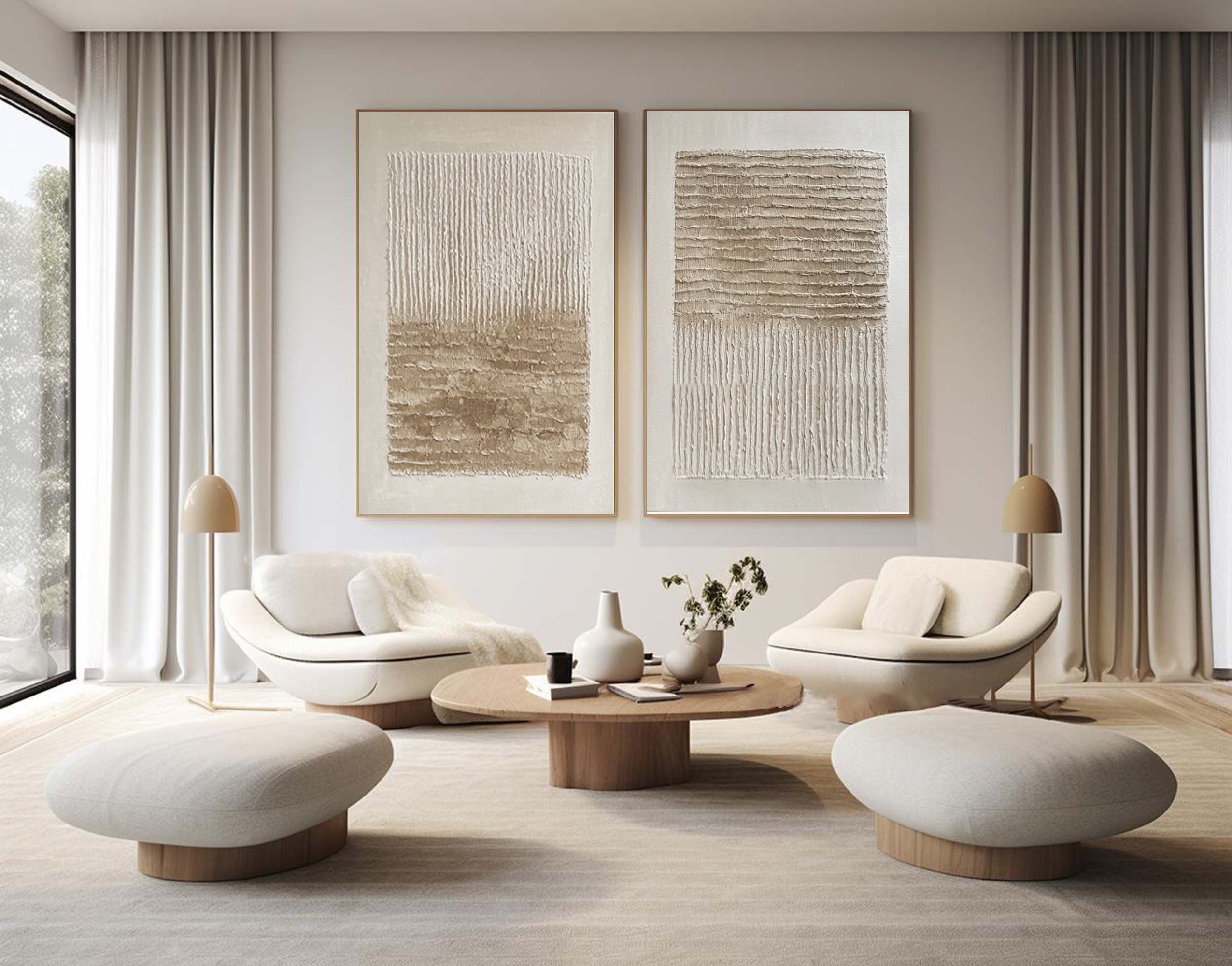 Oversized Impasto Wall Art: Wavy Neutral Panels Set Of 2 #AG 020