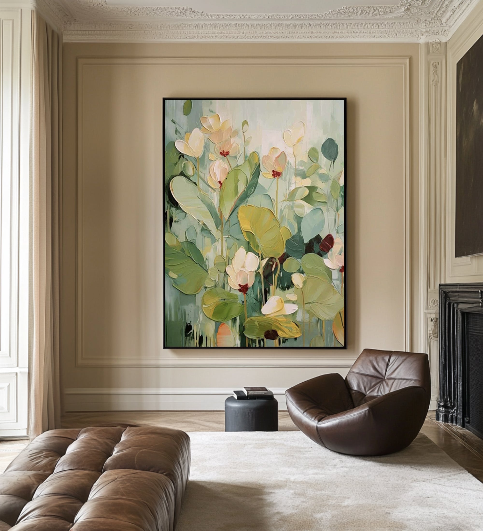 Oversized Green Botanical Canvas Art Contemporary Floral Painting