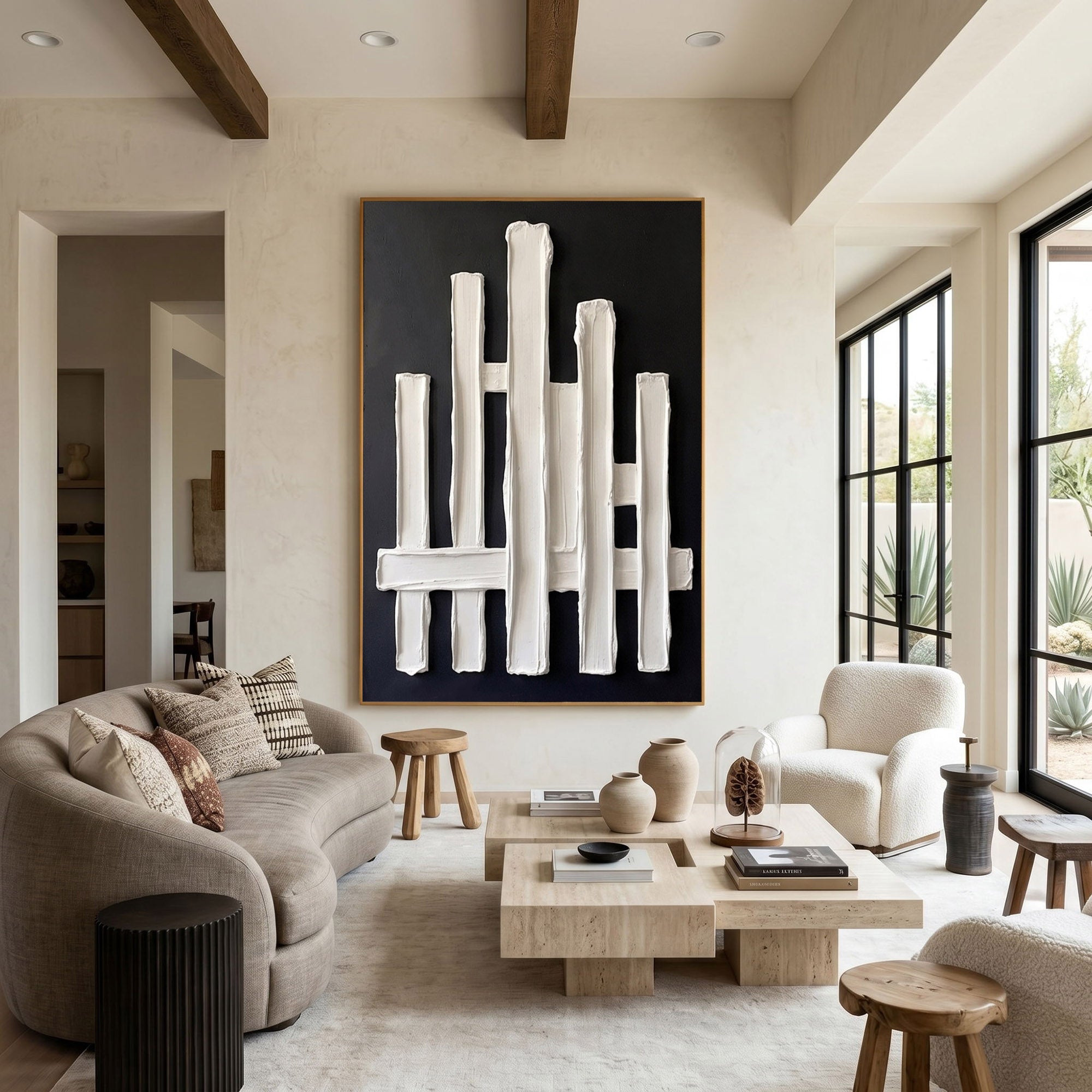 Large Abstract Textured Wall Art Black Plaster Painting Sculptural Modern Minimalist Luxury Interior Decor