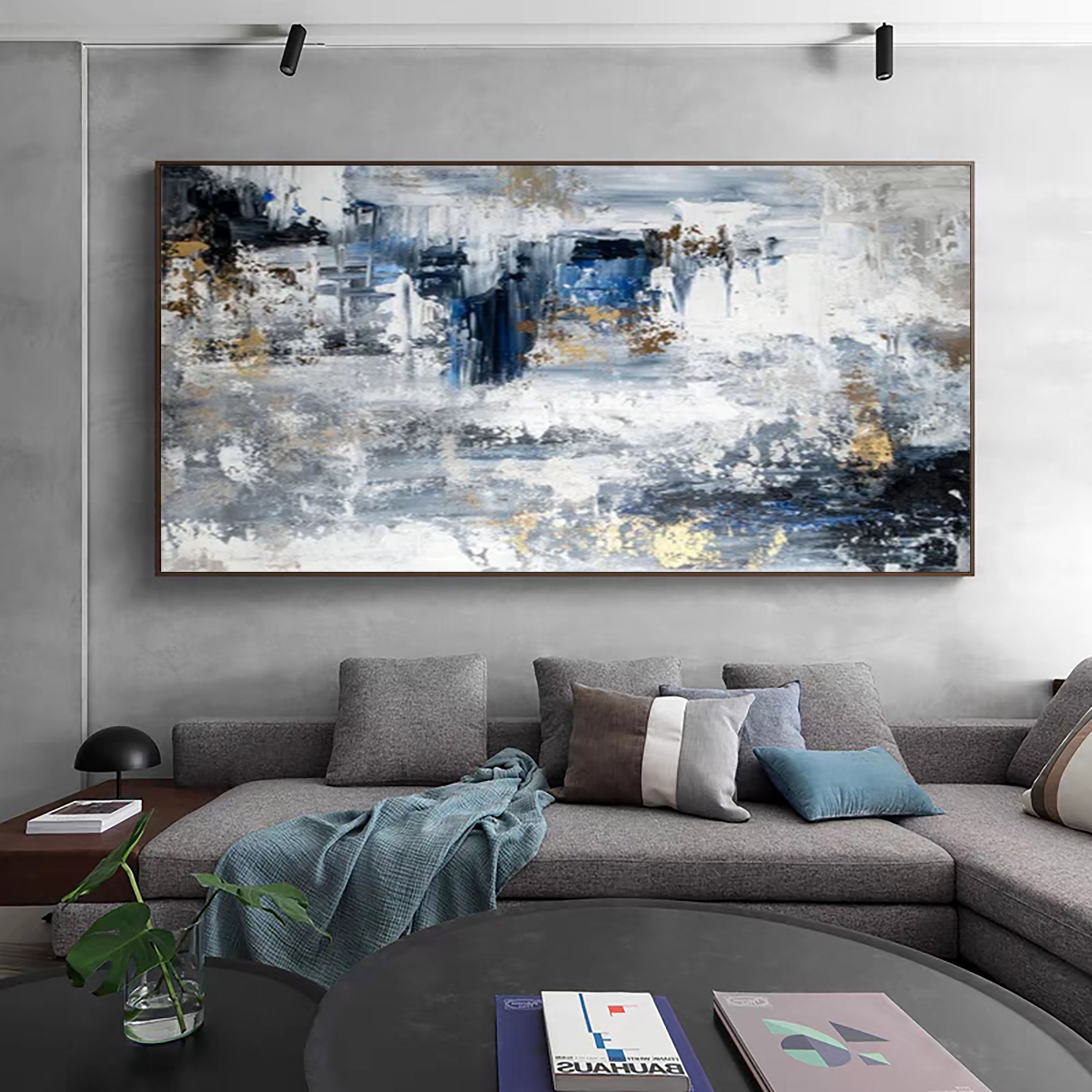 Large Modern Abstract Wall Art Blue and Metallic Painting #AP 063