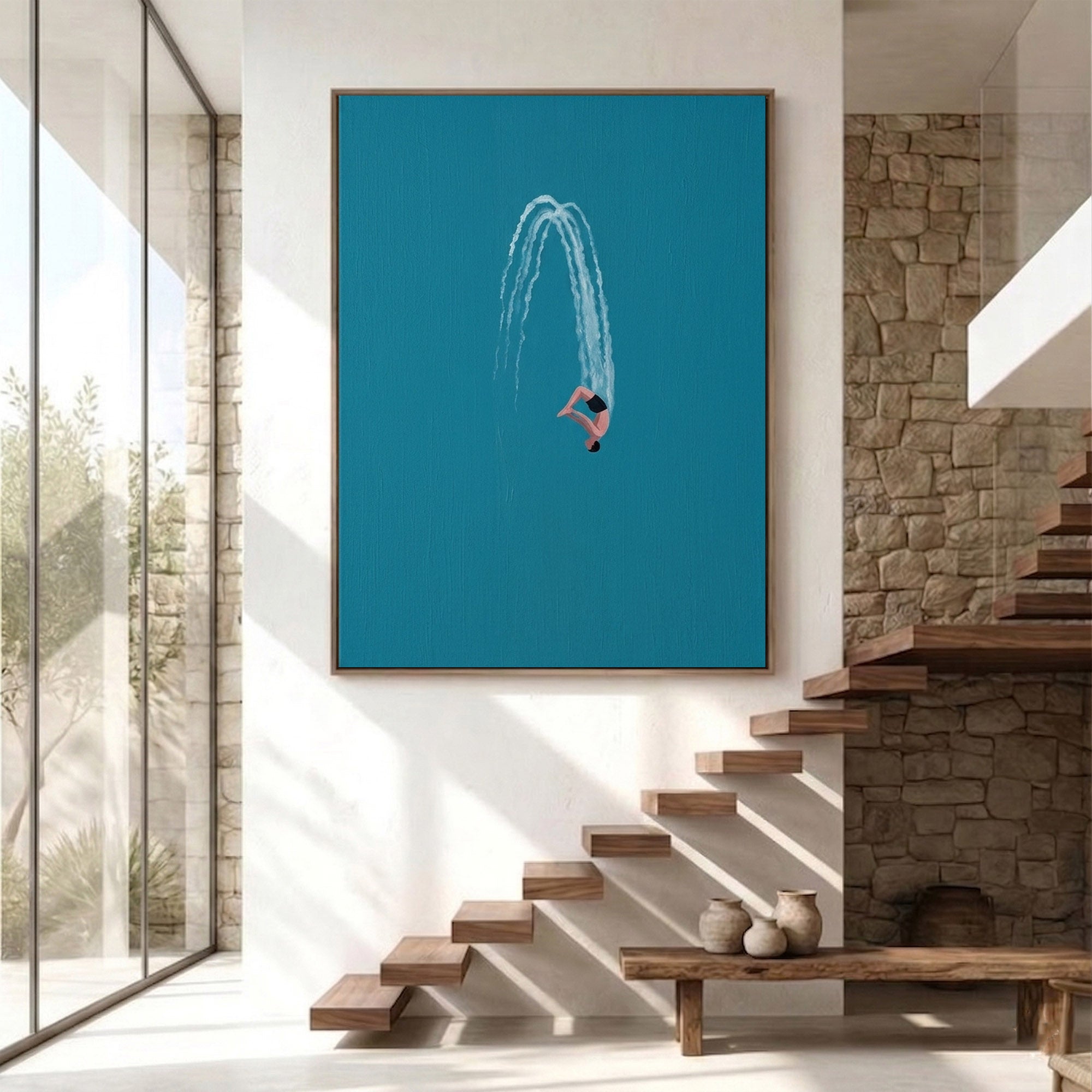 Large Contemporary Diver Wall Art Minimalist Blue Ocean Painting