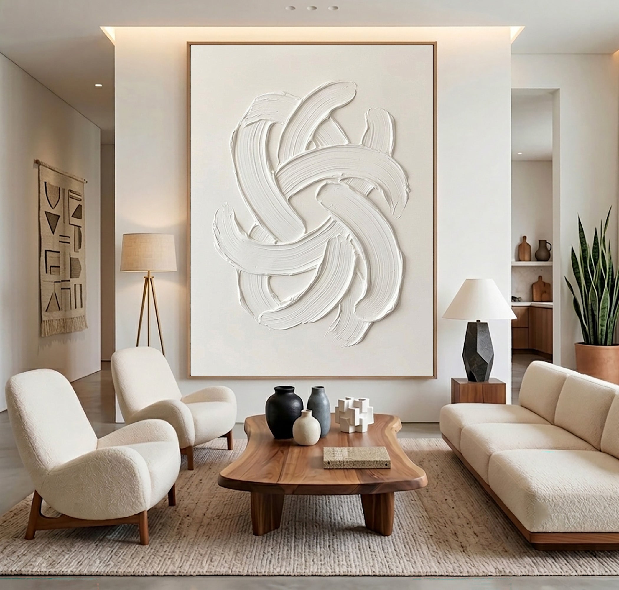Large Contemporary White Wall Art Textured Oil Painting Minimalist Abstract Sculpture Modern Neutral Home Decor