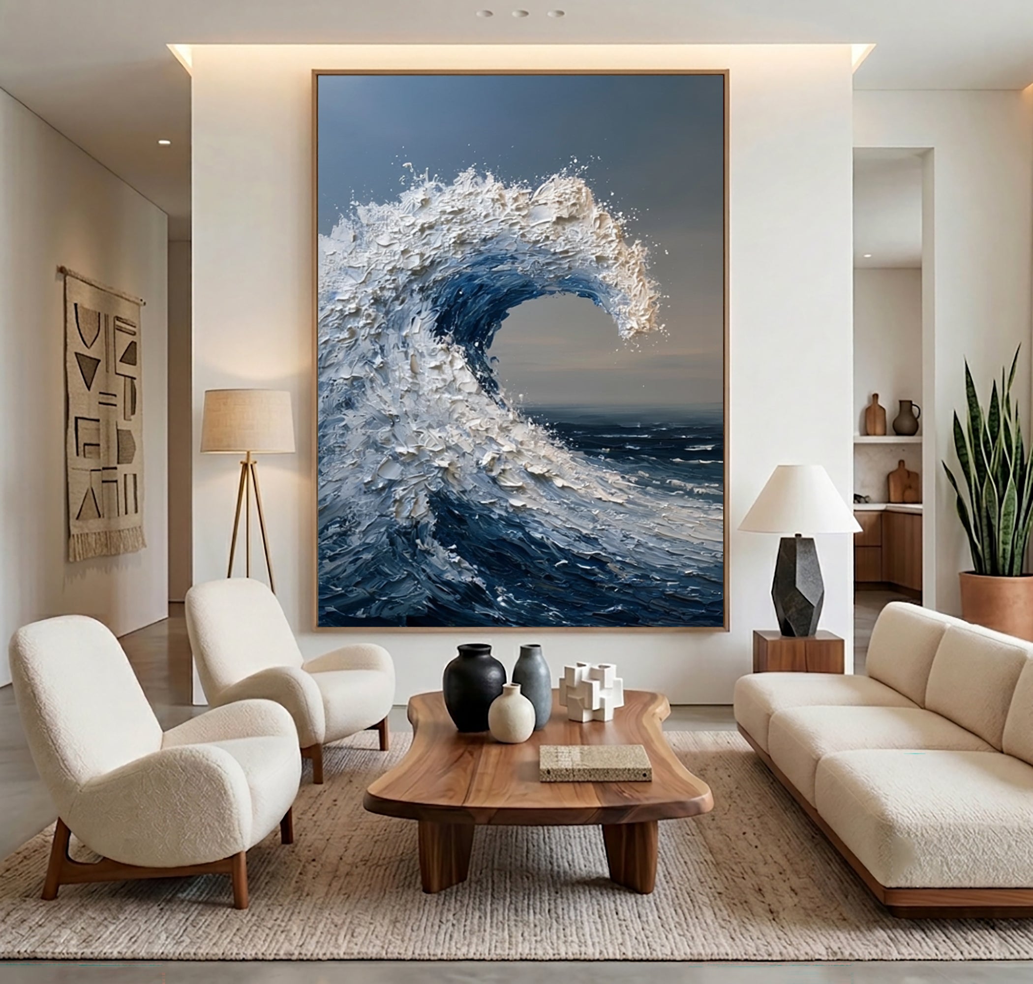 Large Wave Wall Art Textured Oil Painting Ocean Storm Sea Foam Blue Abstract Coastal Artwork Modern Statement Decor