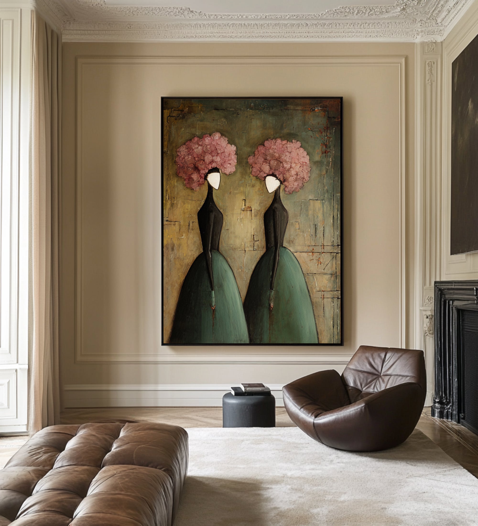 Large Romantic Figure Painting Floral Portrait Canvas Wall Art