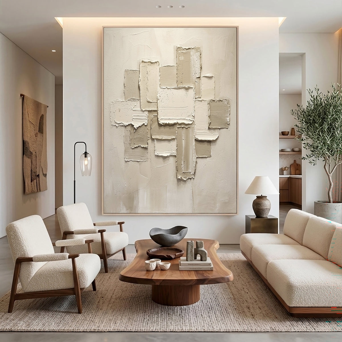 Large Modern Geometric Textured Abstract Wall Art White Beige 3D Relief Oil Painting Contemporary Sculptural Artwork Living Room Decor