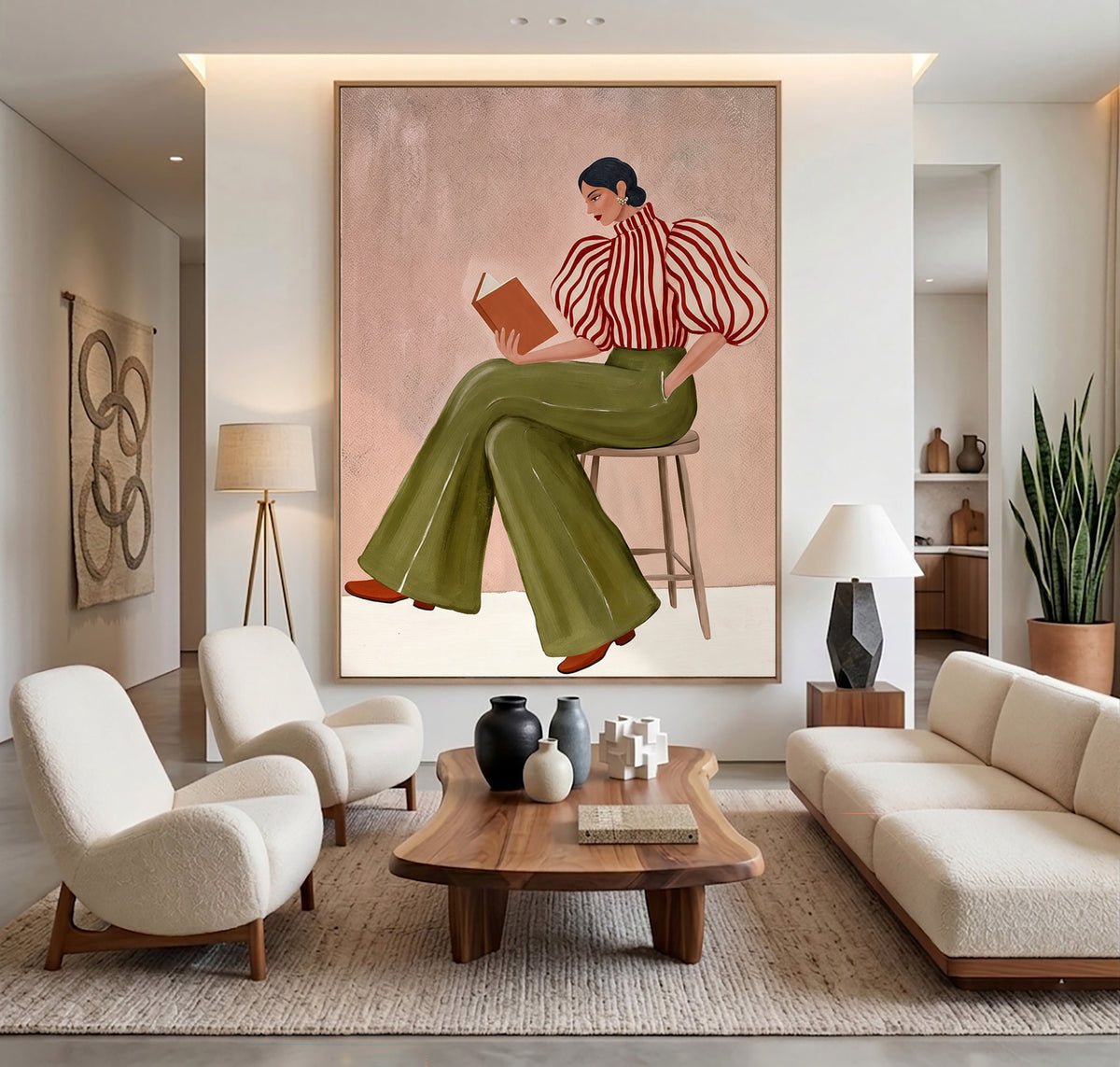 Large Textured Oil Painting Woman Reading Olive Green Trousers Fashion Wall Art