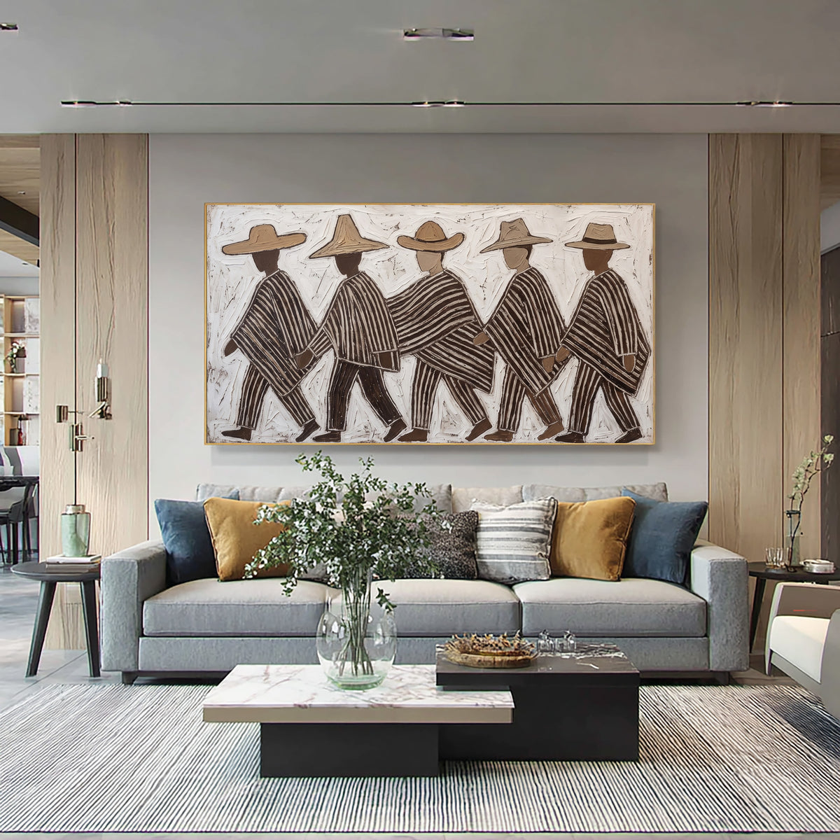 Southwestern Wall Art, Five Walking Figures Painting, Hand Painted Textured Folk Art