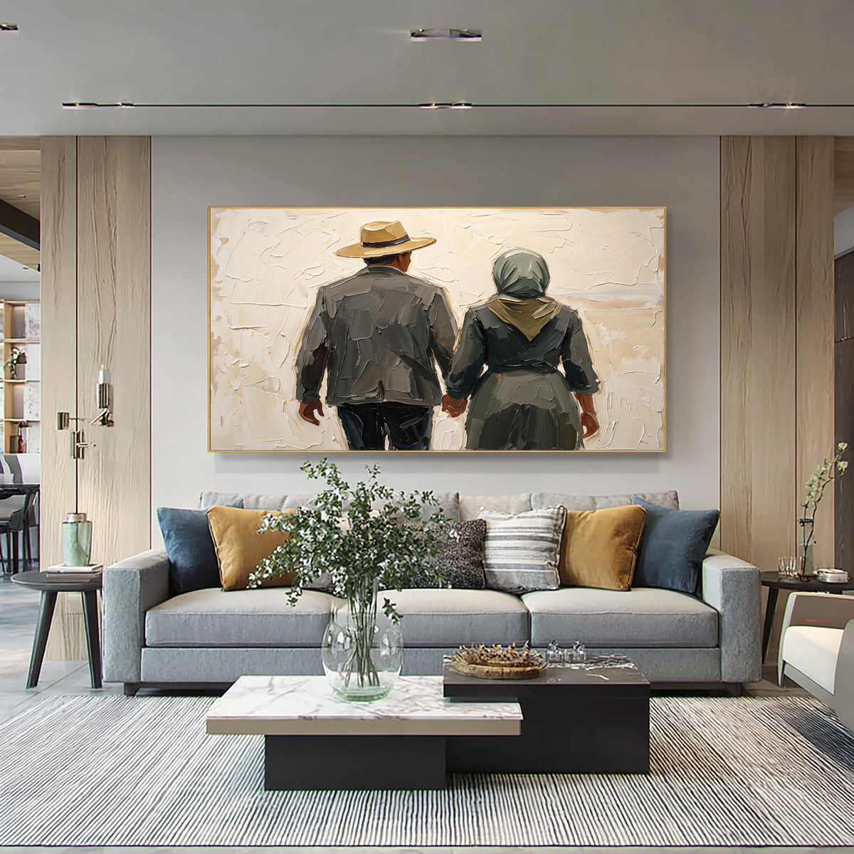 Large Modern Rustic Couple Portrait Wall Art Textured Oil Painting Country Inspired Figurative Artwork Contemporary Farmhouse Decor