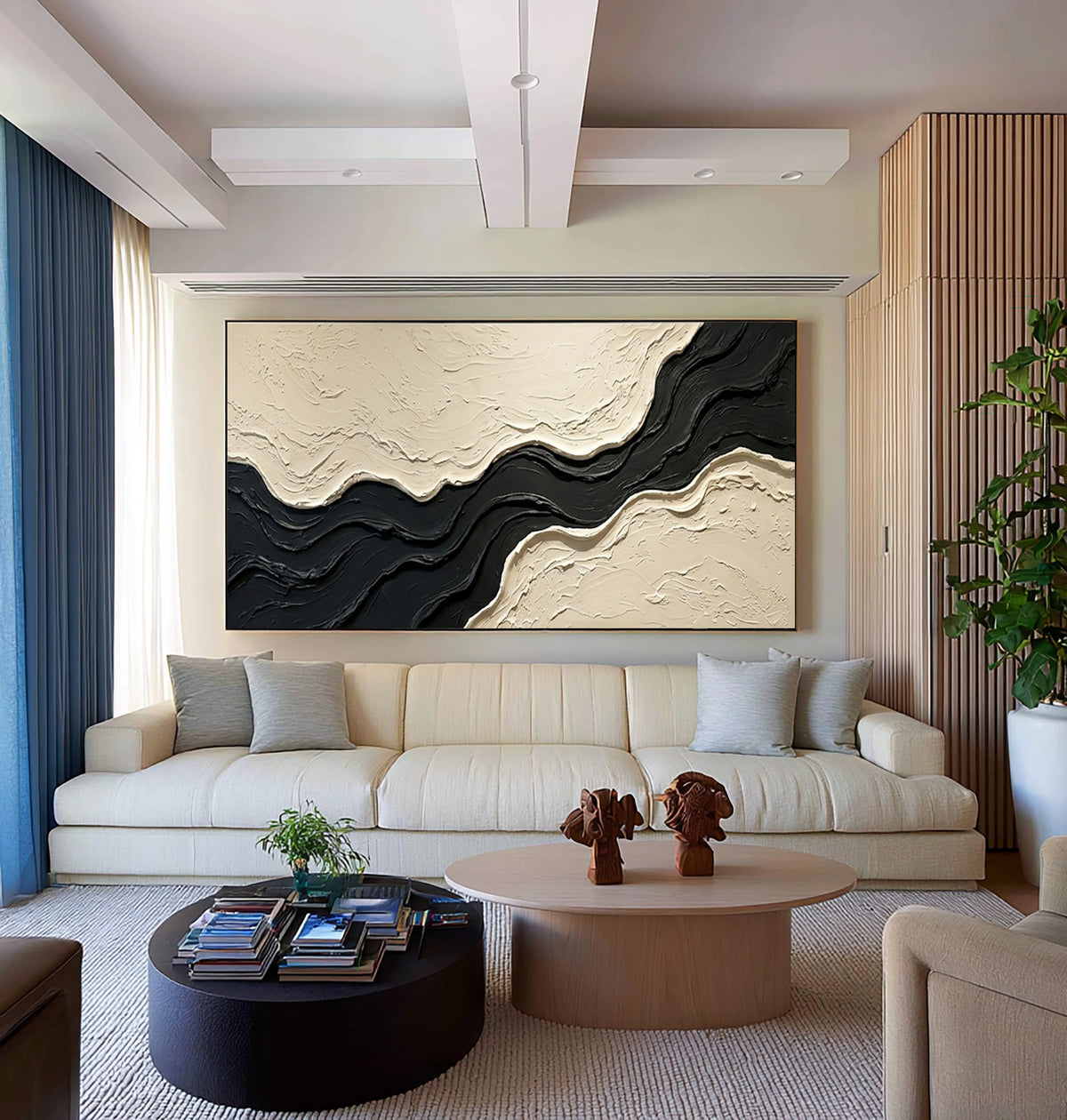 Large Contemporary Gallery Textured Abstract Wall Art Black Ivory Oil Painting Modern Luxury Interior Artwork
