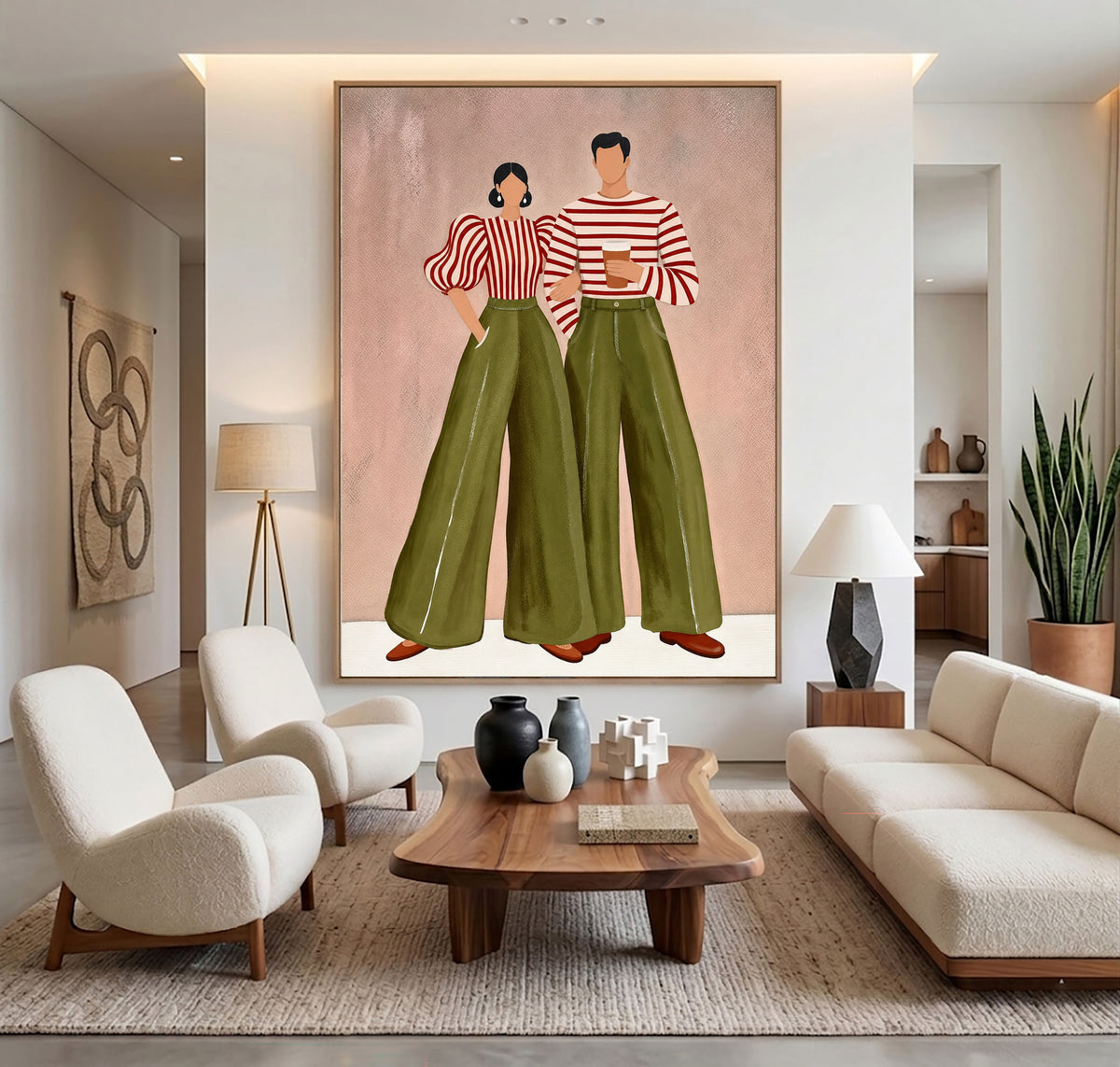 Olive Green Blush Pink Couple Painting Modern Wall Art