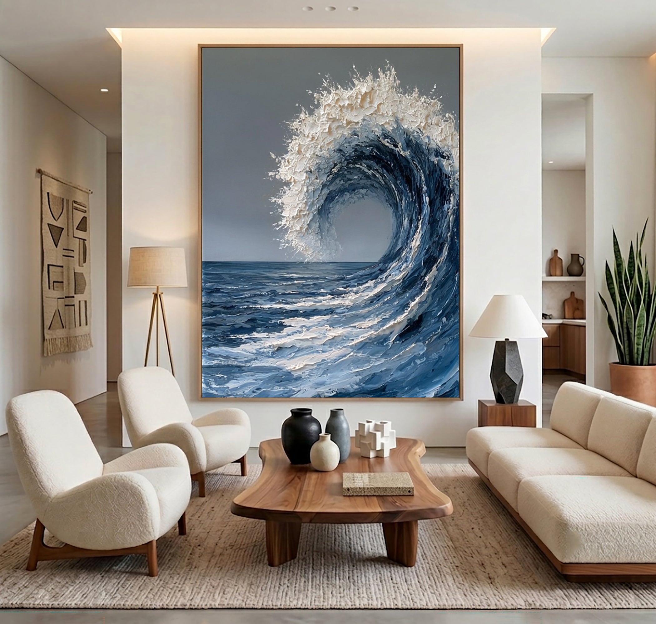 Large Textured Ocean Wave Wall Art Abstract Oil Painting Blue Sea Foam Coastal Artwork Modern Beach House Luxury Decor