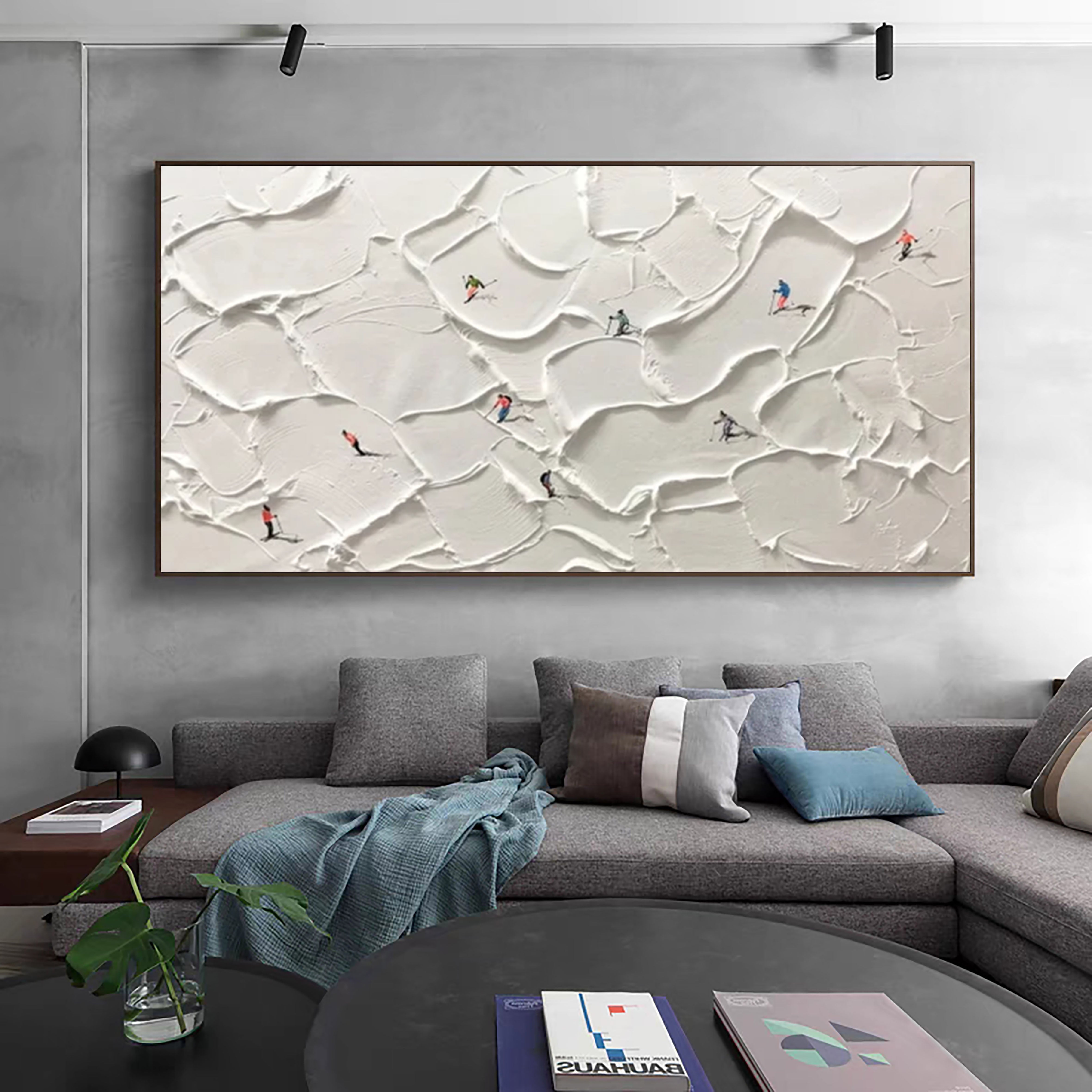 Winter Skiing Scene Wall Art Textured Canvas for Modern Mountain Home Decor #ASP 008
