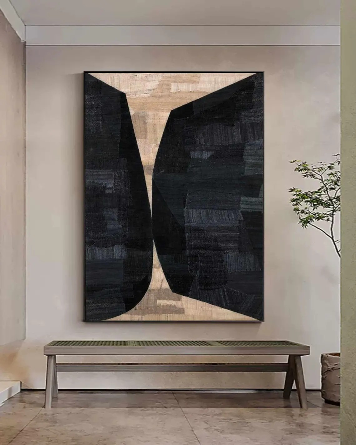 Geometric Abstract Painting Black and Beige Wall Art #AP 091