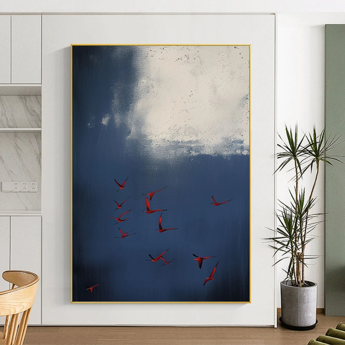 Red Birds in Blue Sky – Elegant Abstract Wall Decor #OS 076