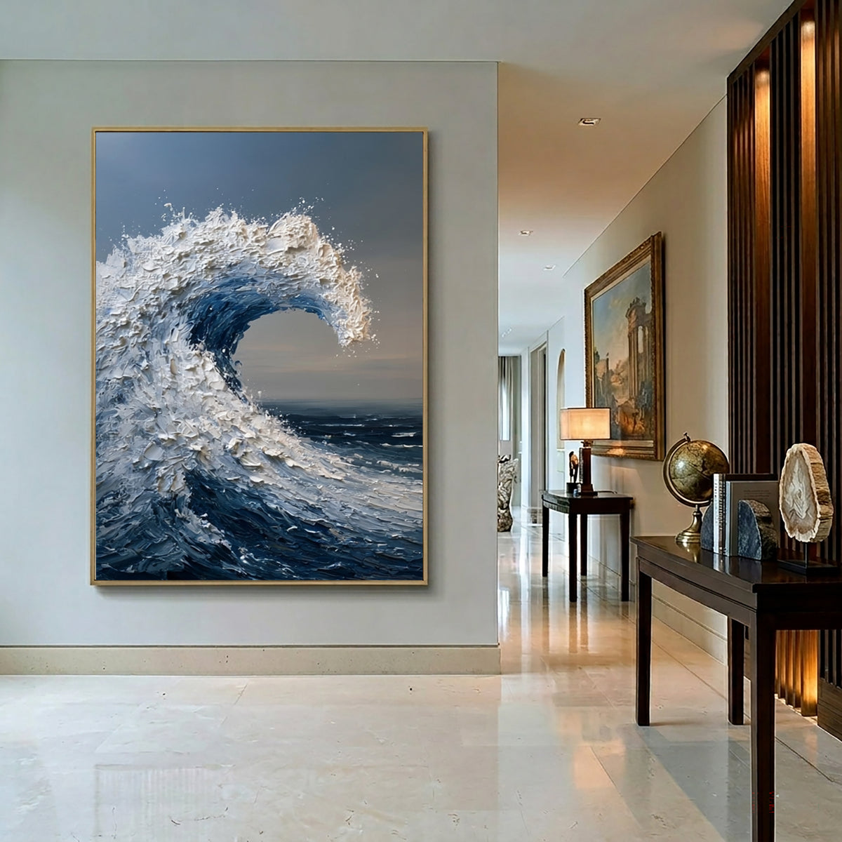 Large Wave Wall Art Textured Oil Painting Ocean Storm Sea Foam Blue Abstract Coastal Artwork Modern Statement Decor