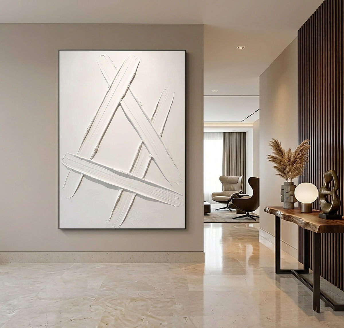 Architectural Lines Sculptural White Abstract Artwork Handmade Textured Geometric Painting Contemporary Wall Decor