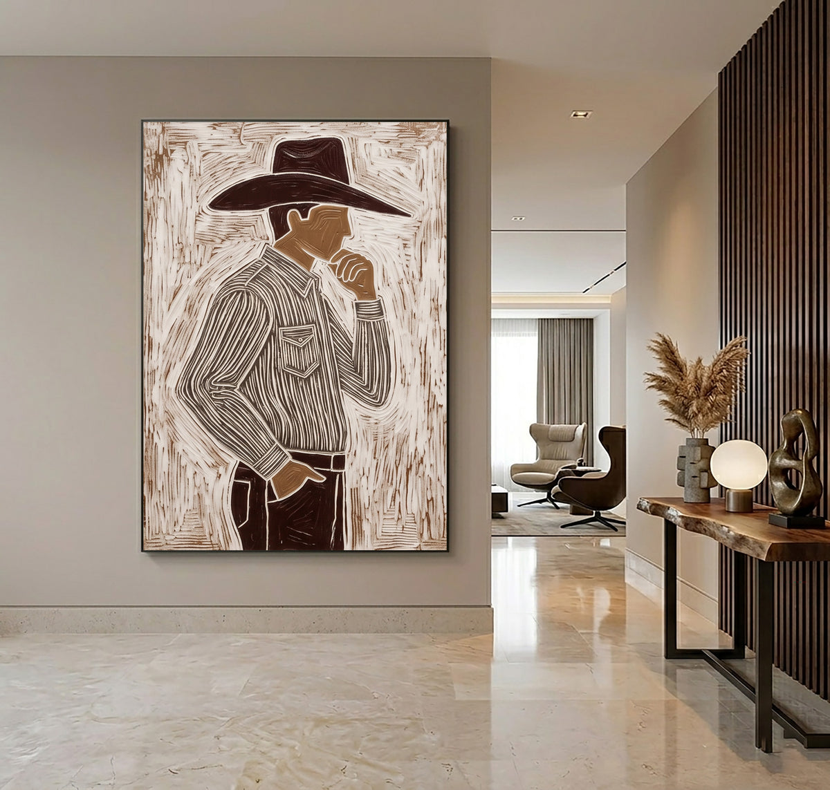 Hand Painted Cowboy Portrait Modern Western Wall Art