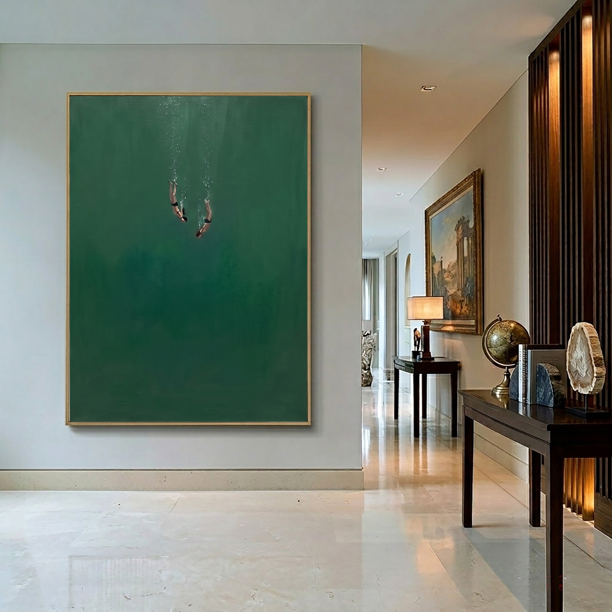Large Contemporary Ocean Wall Art Minimalist Underwater Divers Oil Painting