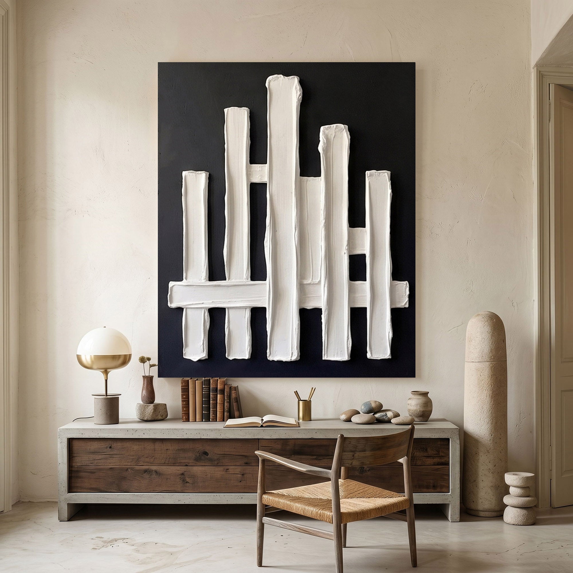 Large Abstract Textured Wall Art Black Plaster Painting Sculptural Modern Minimalist Luxury Interior Decor