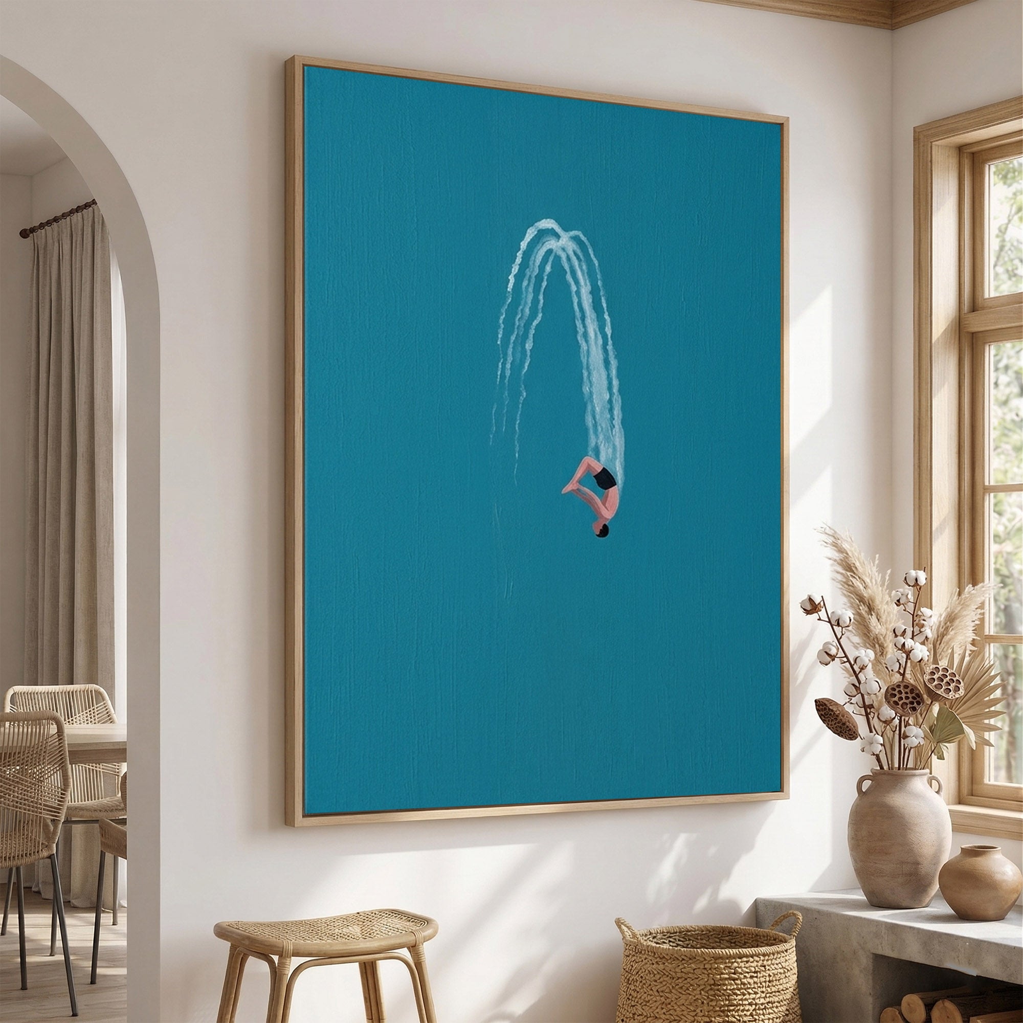 Large Contemporary Diver Wall Art Minimalist Blue Ocean Painting