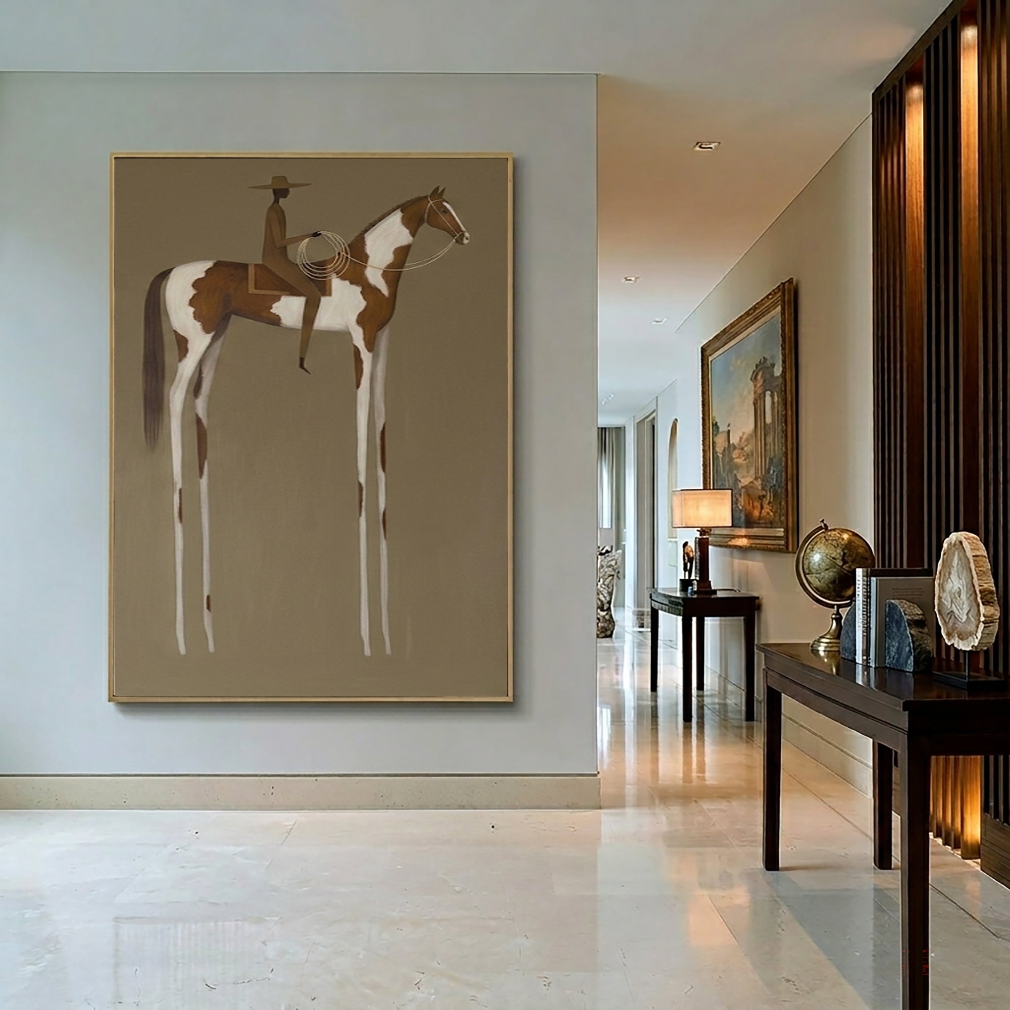 Large Vintage Americana Wall Art Cowboy Cowgirl Rider Horse Painting Western Landscape Abstract Oil Artwork Rustic Contemporary Interior Decor