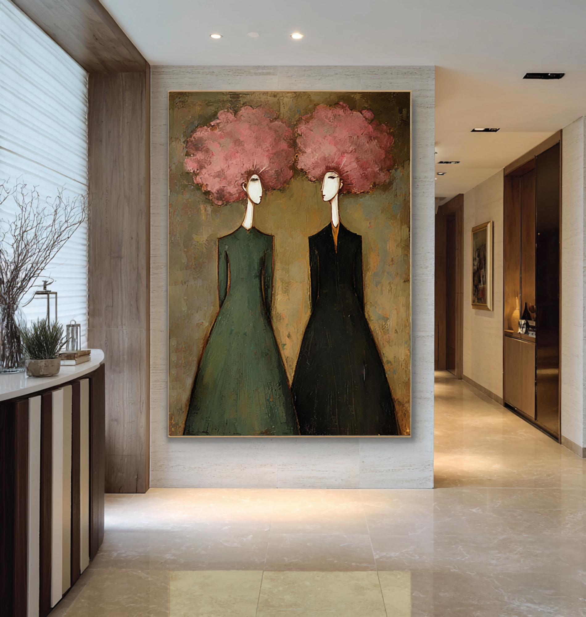 Elegant Figurative Oil Painting in Green and Pink #CZ 050