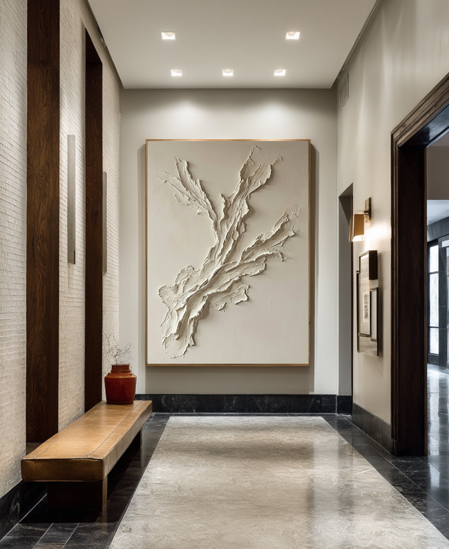 Large Abstract Neutral Oil Painting with Sculptural Branch Texture Design