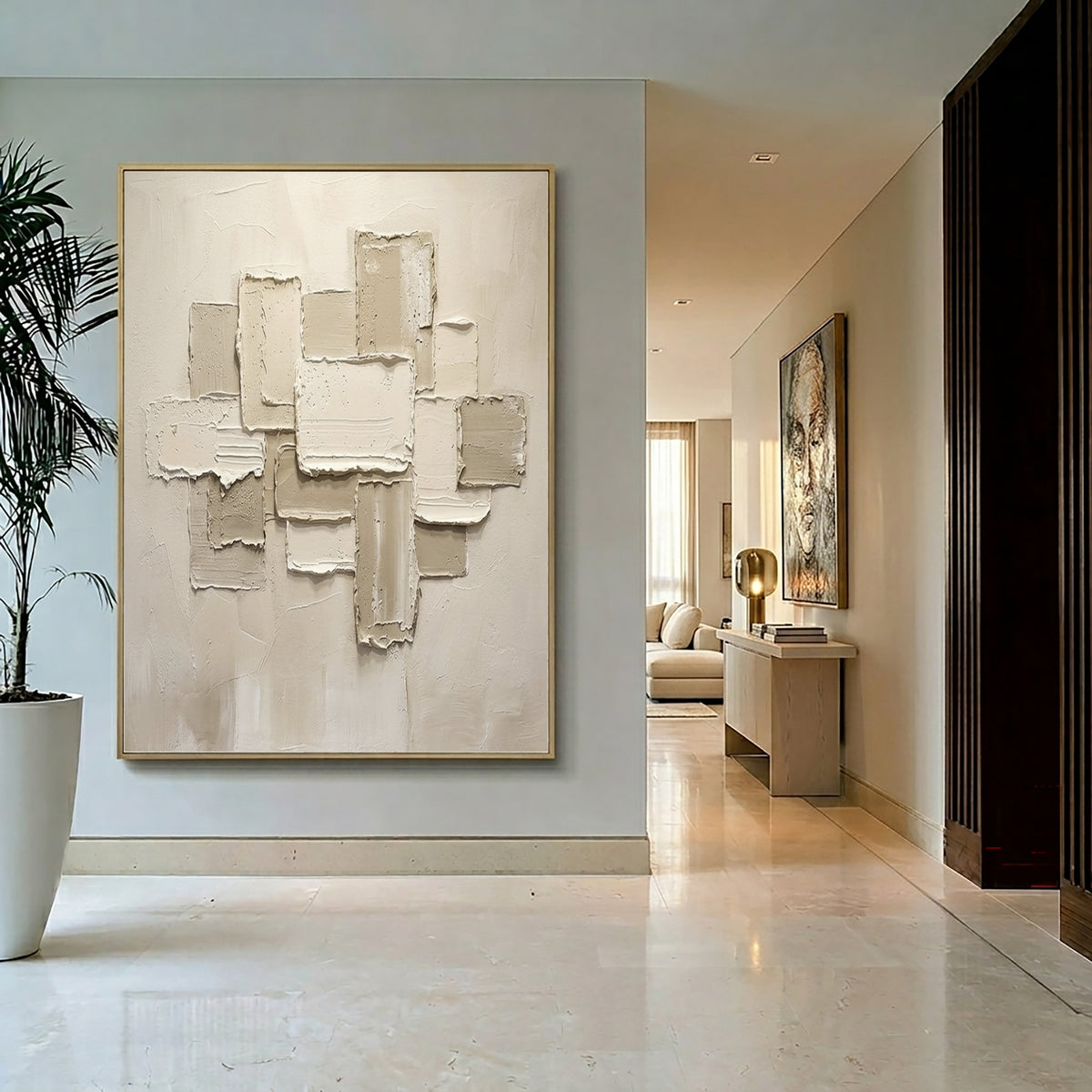 Large Modern Geometric Textured Abstract Wall Art White Beige 3D Relief Oil Painting Contemporary Sculptural Artwork Living Room Decor