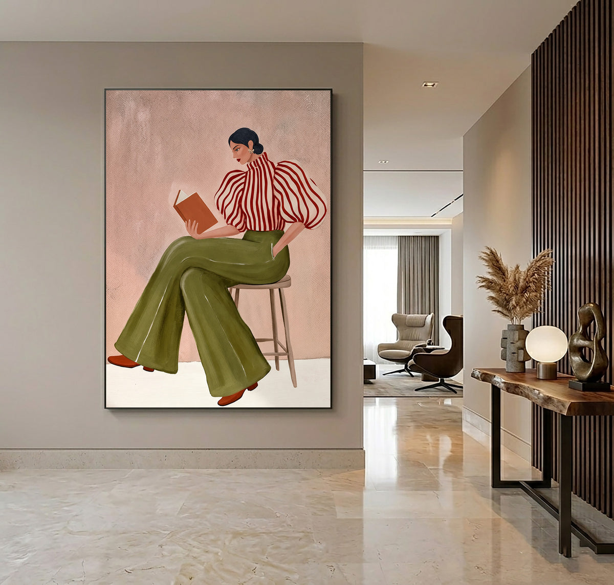 Large Textured Oil Painting Woman Reading Olive Green Trousers Fashion Wall Art