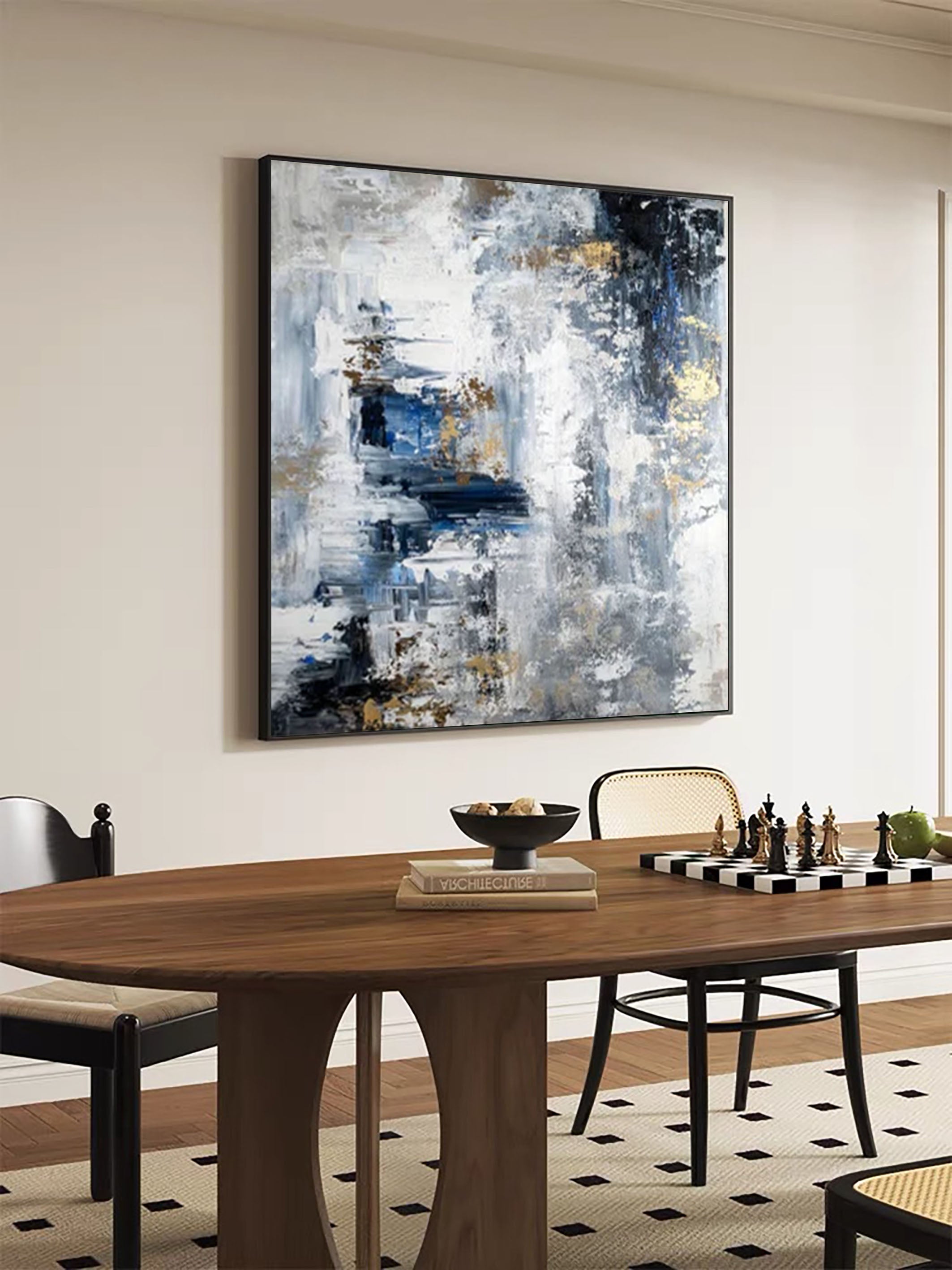 Large Modern Abstract Wall Art Blue and Metallic Painting #AP 068