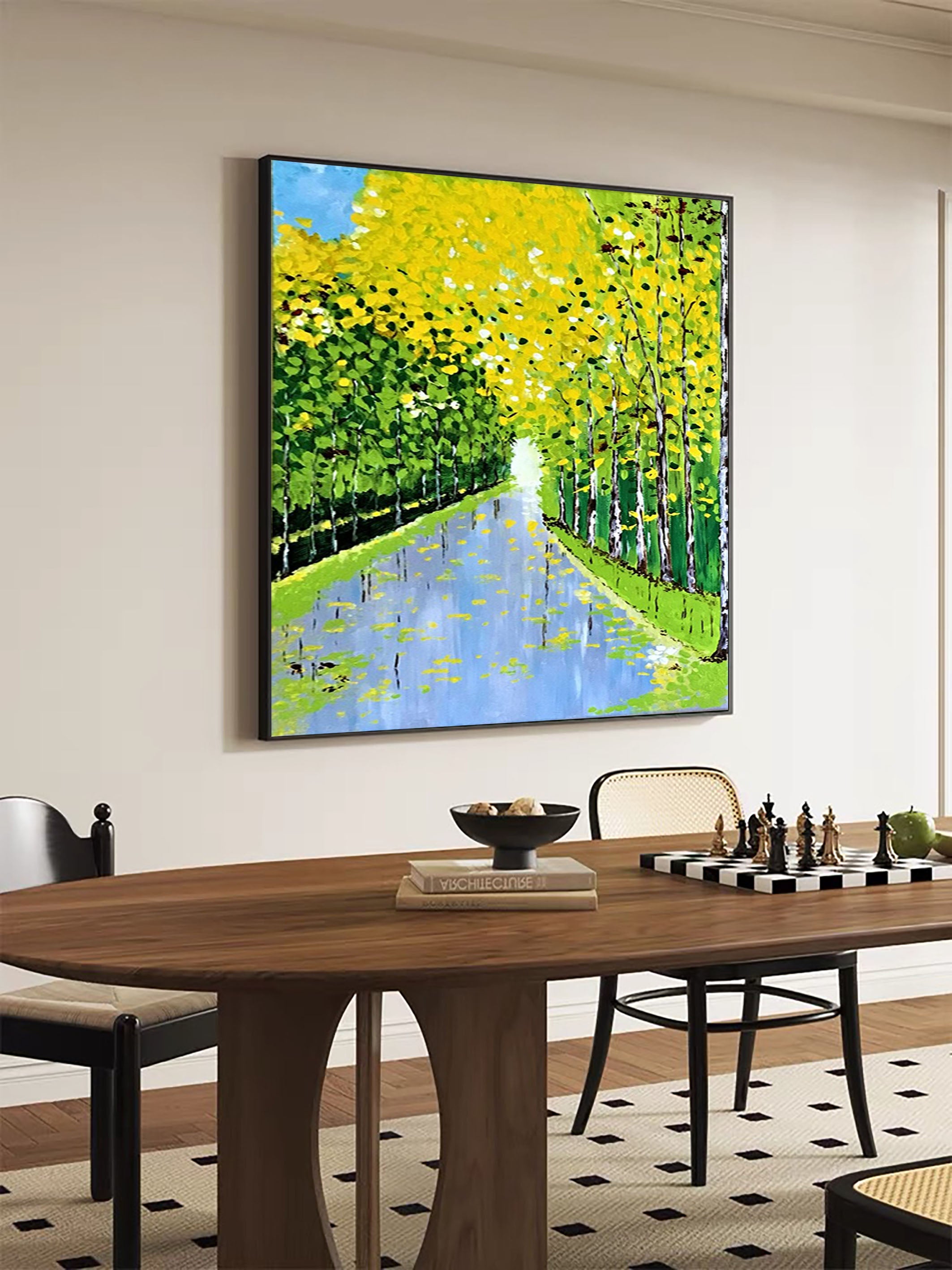 Autumn Romance Vibrant Colorful Tree and River Landscape Painting #FT 049
