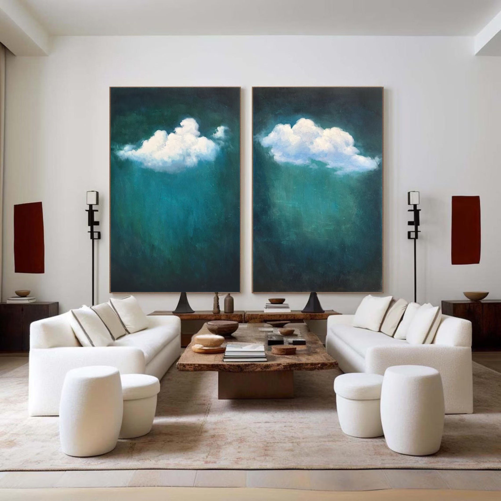 Teal Tranquility Cloud Paintings for Modern Home Decor Set Of 2 #OS 059