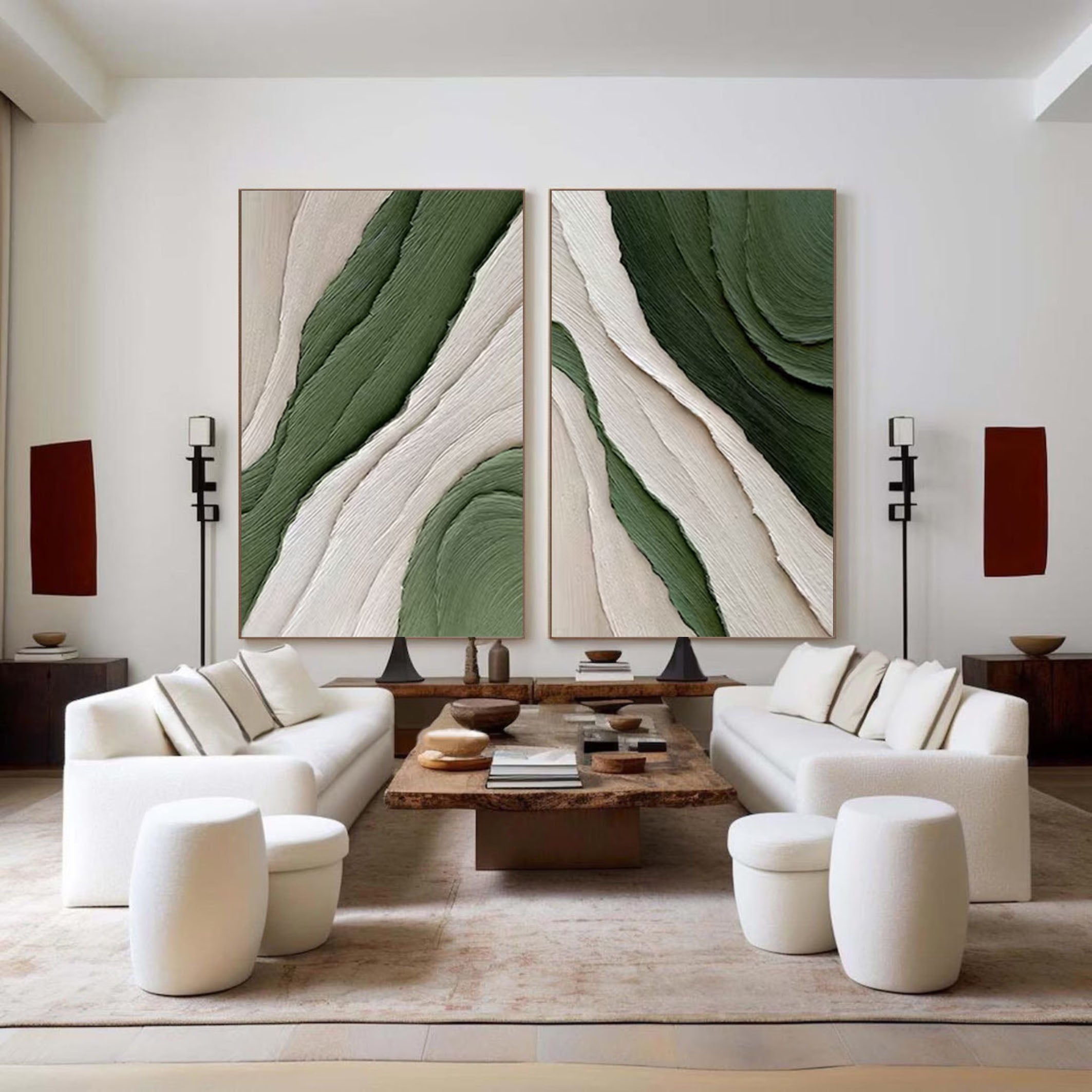 Modern Green and White Abstract Wall Art Dual Panel Design #MMAS 067