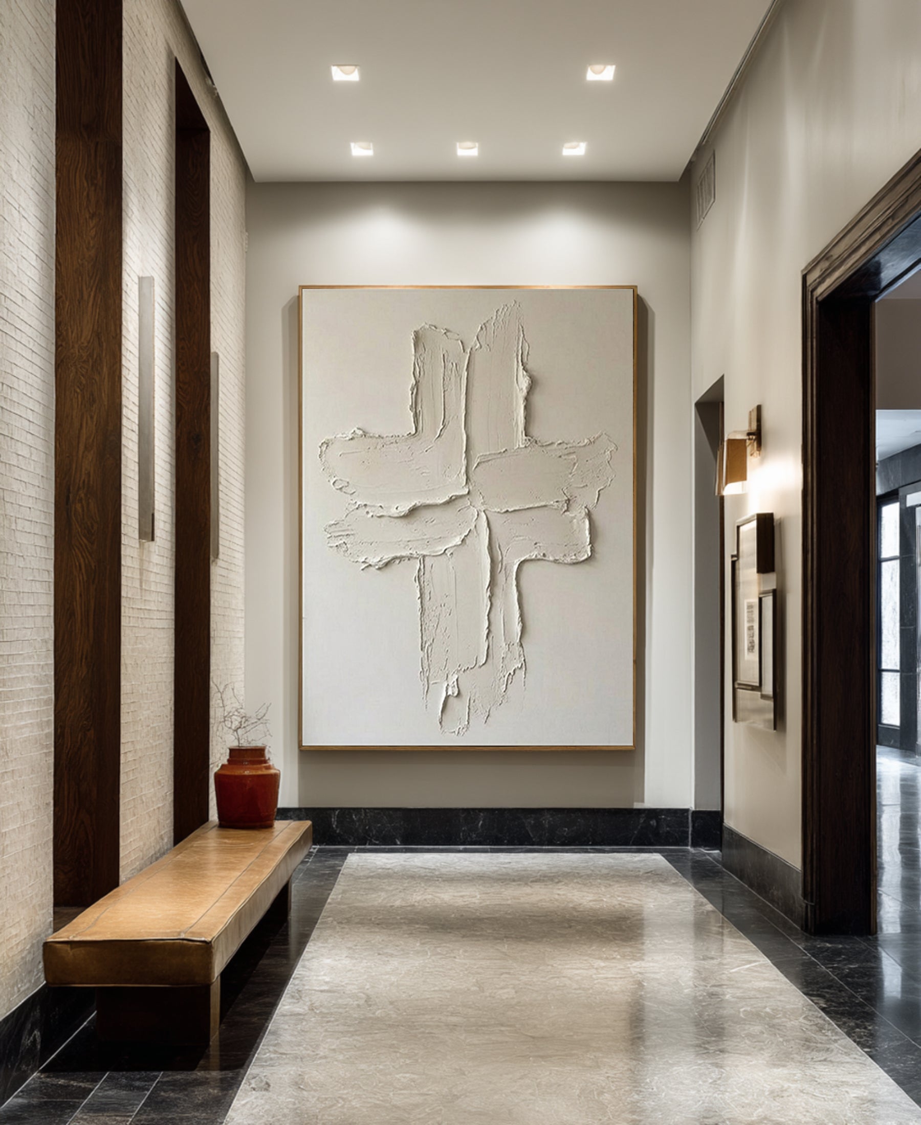 Large Contemporary Relief Painting with Abstract Cross Brush Texture