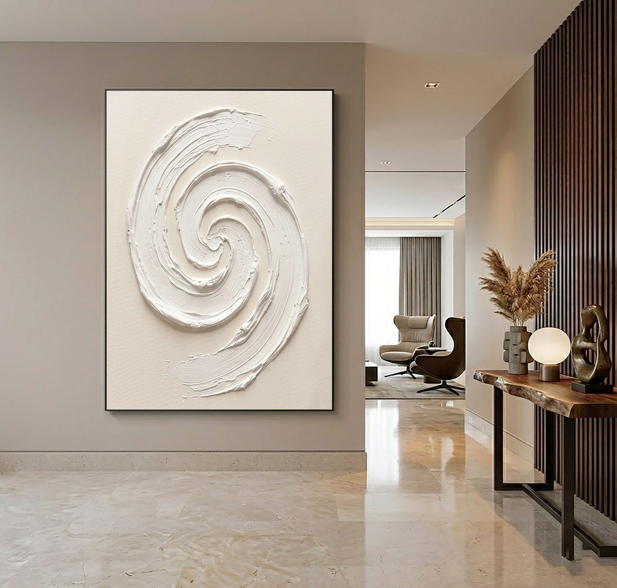 Sculptural White Spiral Textured Canvas Artwork Handmade Abstract Painting Modern Luxury Decor
