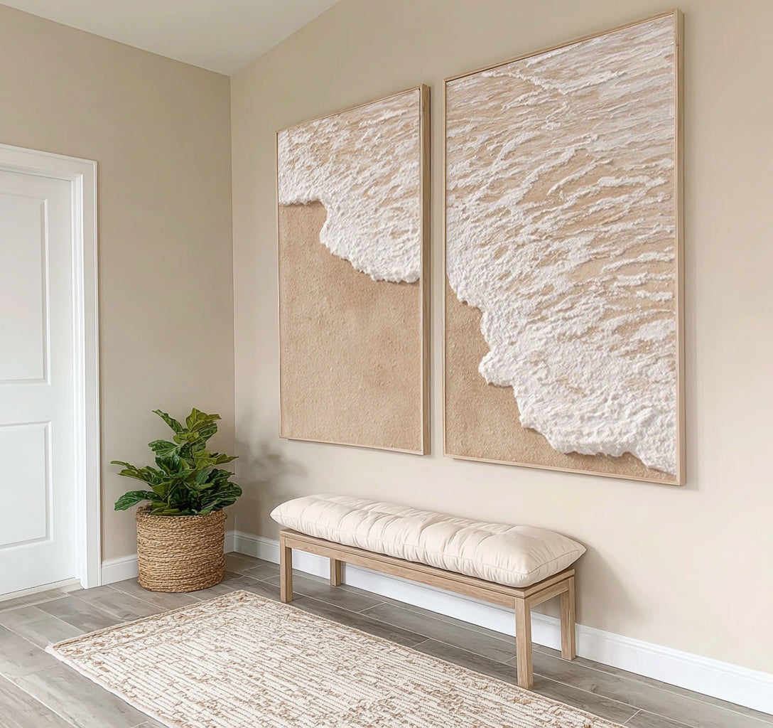 Coastal Forms In Quiet Motion Large Textured Diptych Coastal Wall Art Neutral Abstract Ocean Artwork