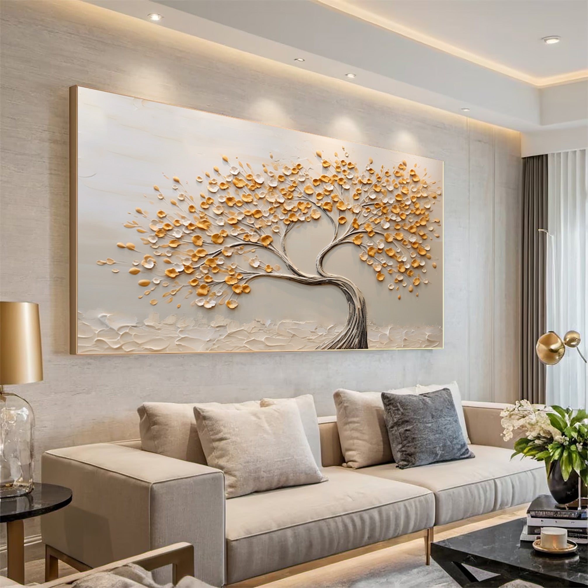 Neutral Tone Tree Artwork Hand Painted Gold Accents #AG 093