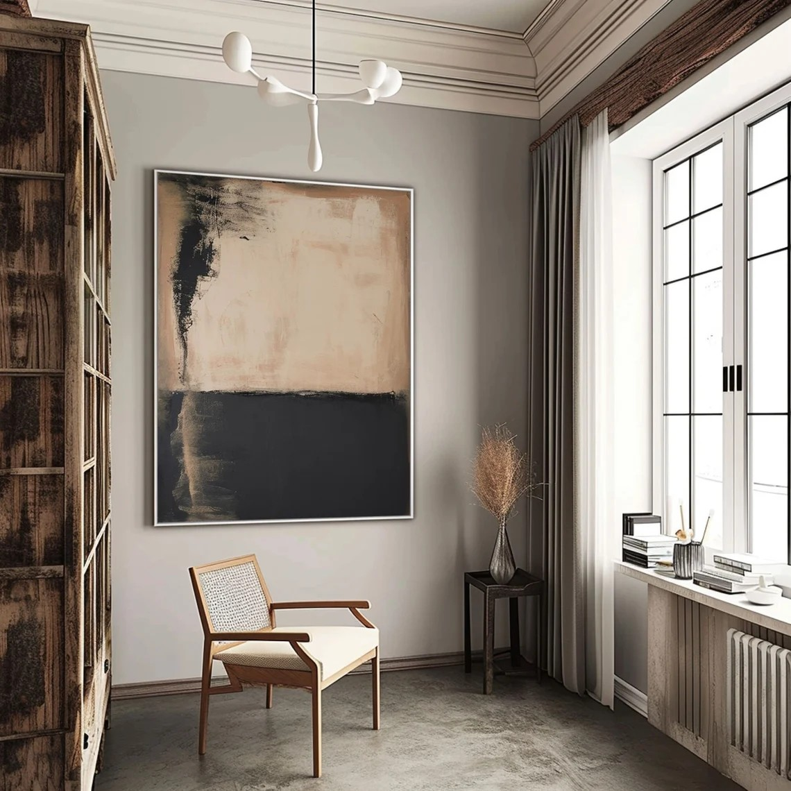 Minimalist Beige & Black Abstract - Large Canvas Art #AP 117