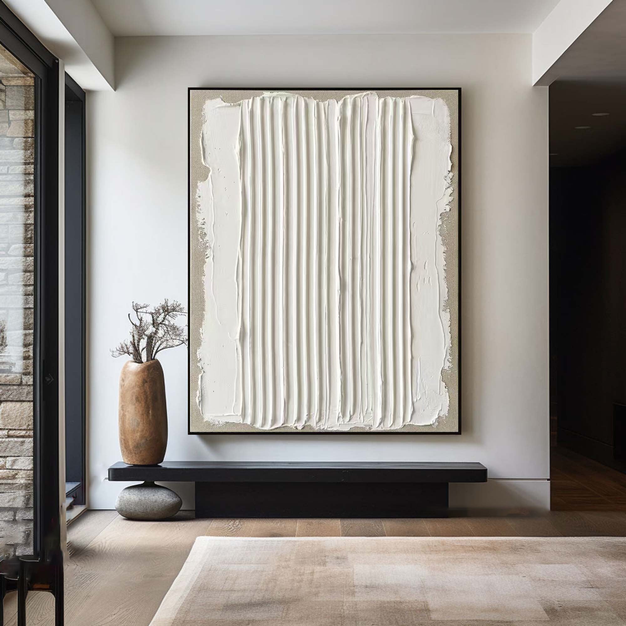 Large Neutral Oil Painting with Vertical Plaster Texture for Contemporary Interiors
