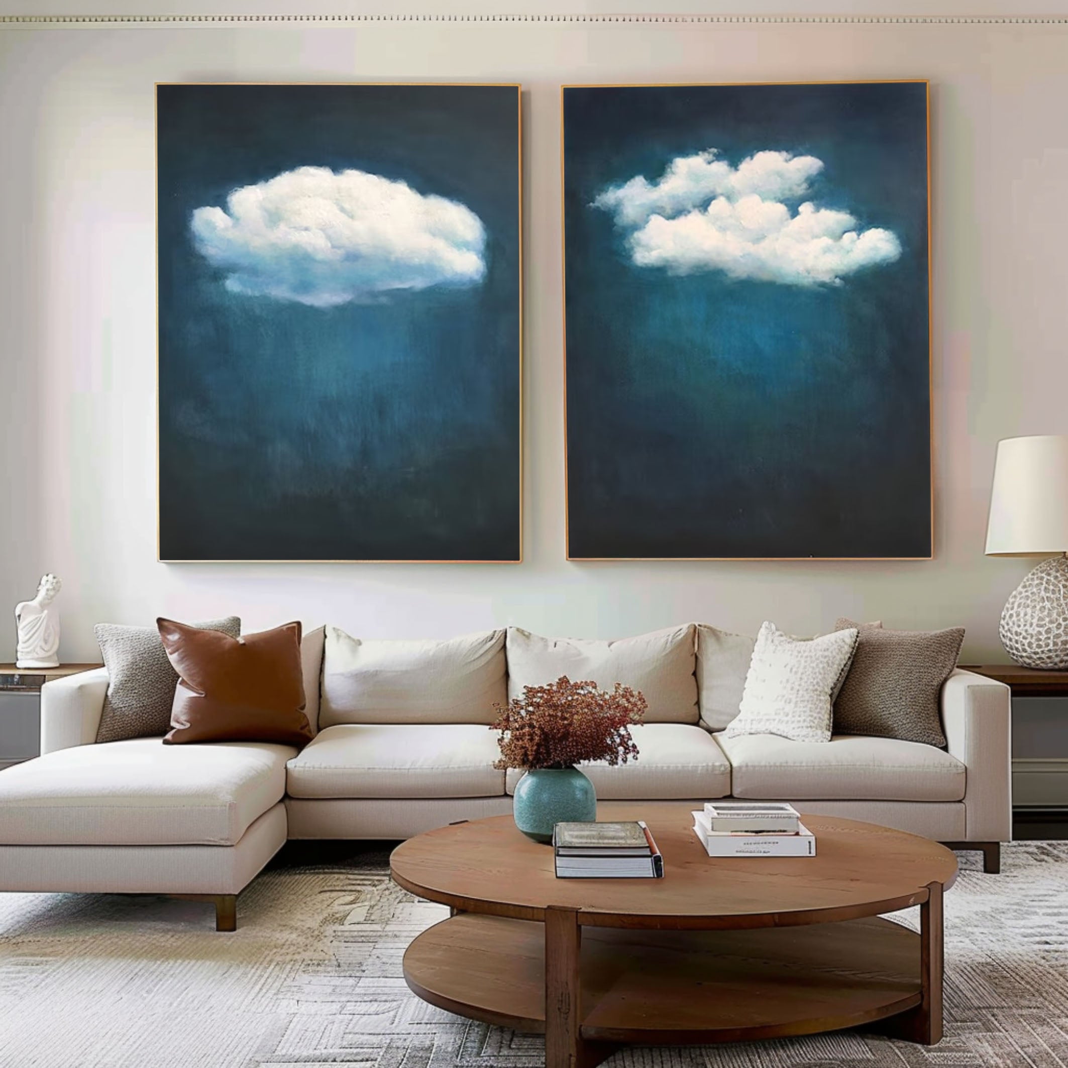Teal Tranquility Cloud Paintings for Modern Home Decor Set Of 2 #OS 072