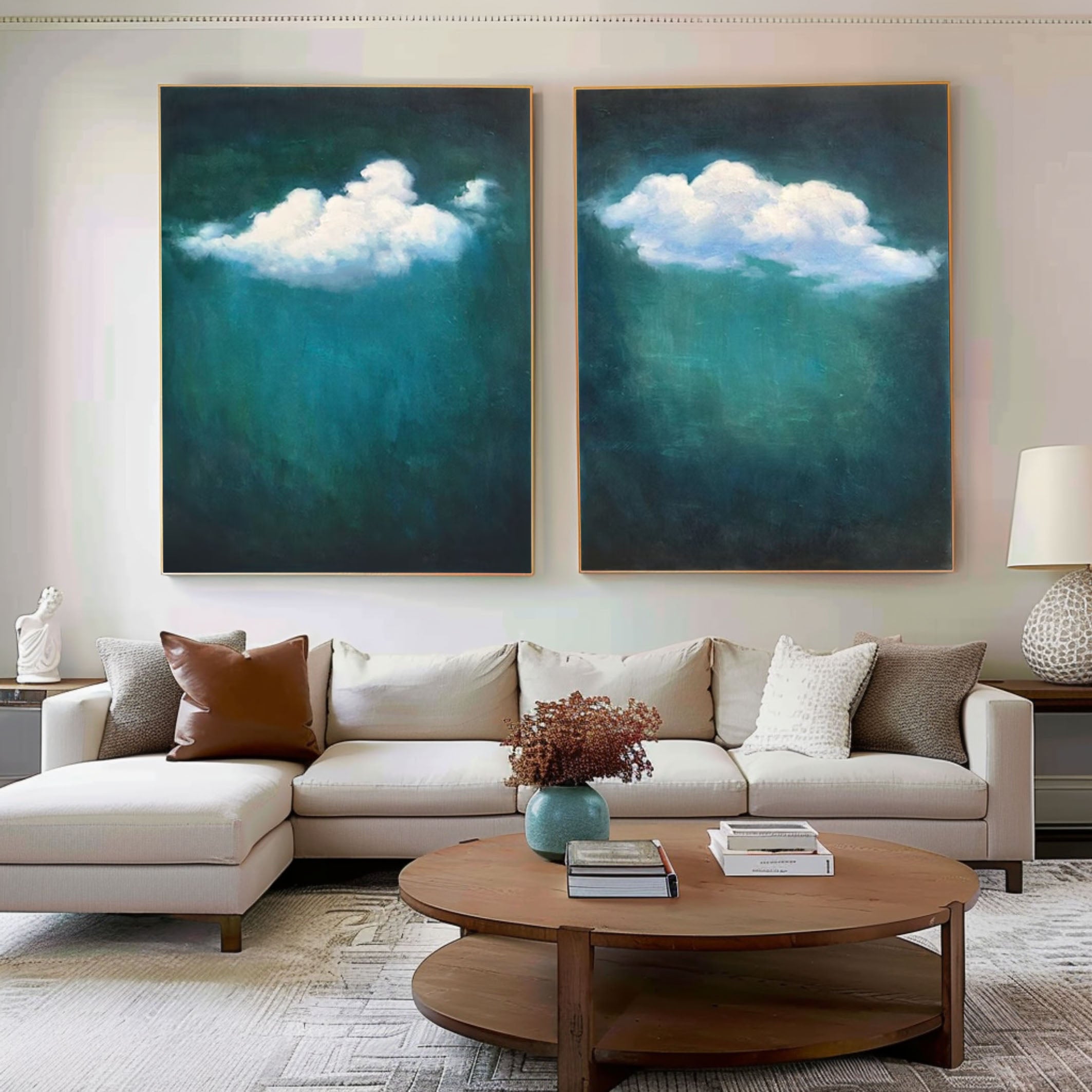 Teal Tranquility Cloud Paintings for Modern Home Decor Set Of 2 #OS 059