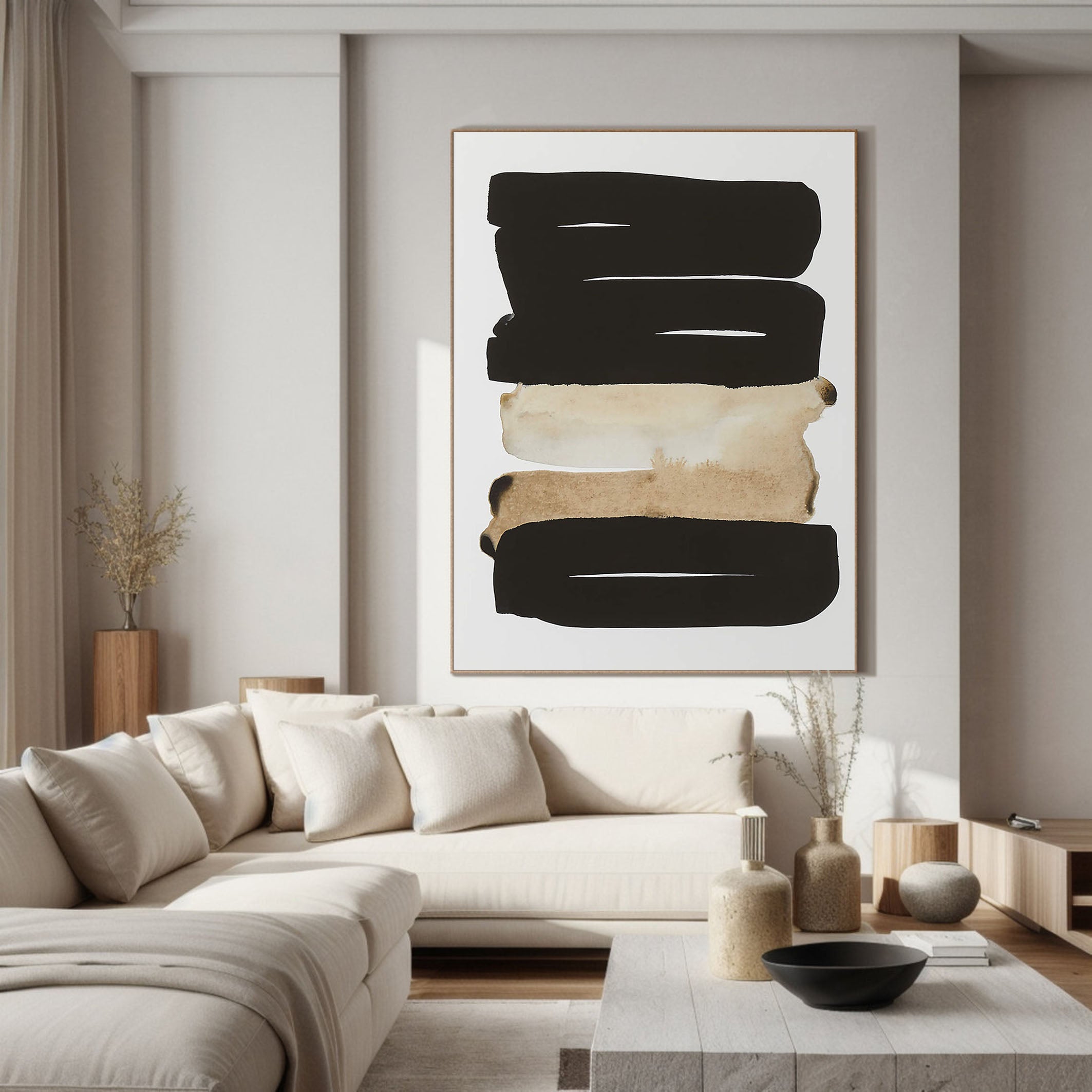 Horizontal Stripes Abstract - Black Beige Canvas Art #MMA 191