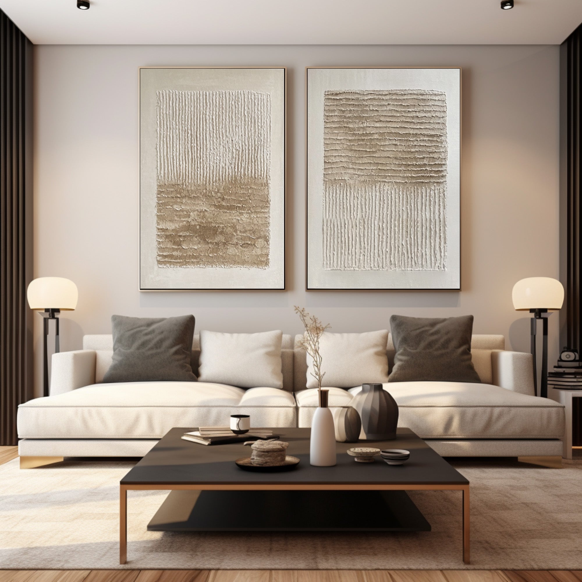 Oversized Impasto Wall Art: Wavy Neutral Panels Set Of 2 #AG 020