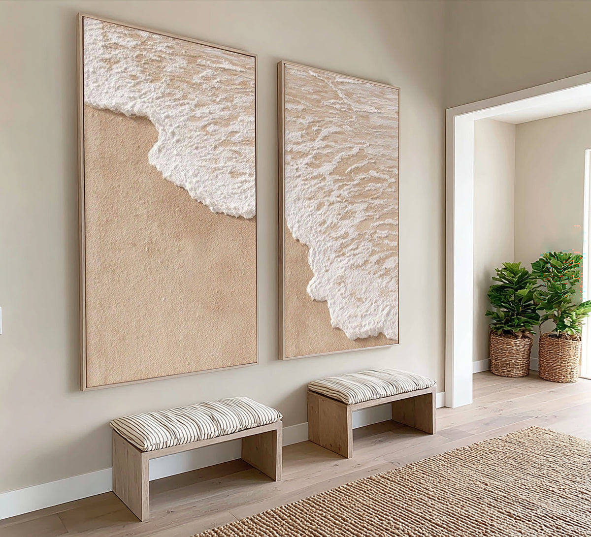 Coastal Forms In Quiet Motion Large Textured Diptych Coastal Wall Art Neutral Abstract Ocean Artwork