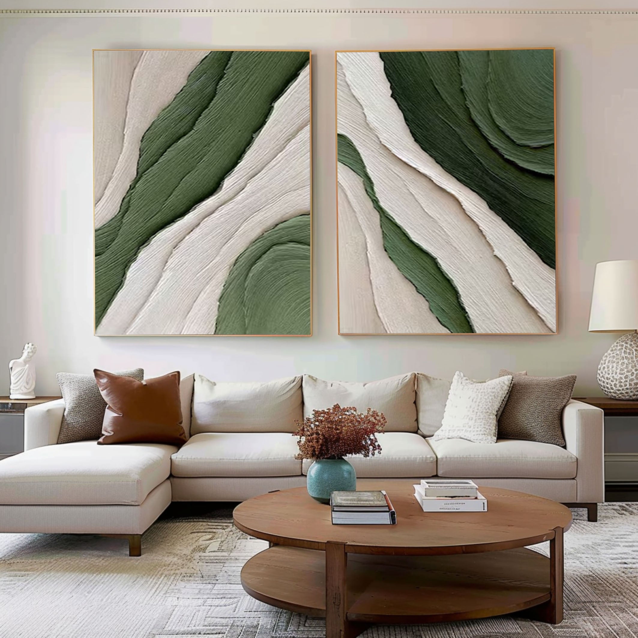 Modern Green and White Abstract Wall Art Dual Panel Design #MMAS 067
